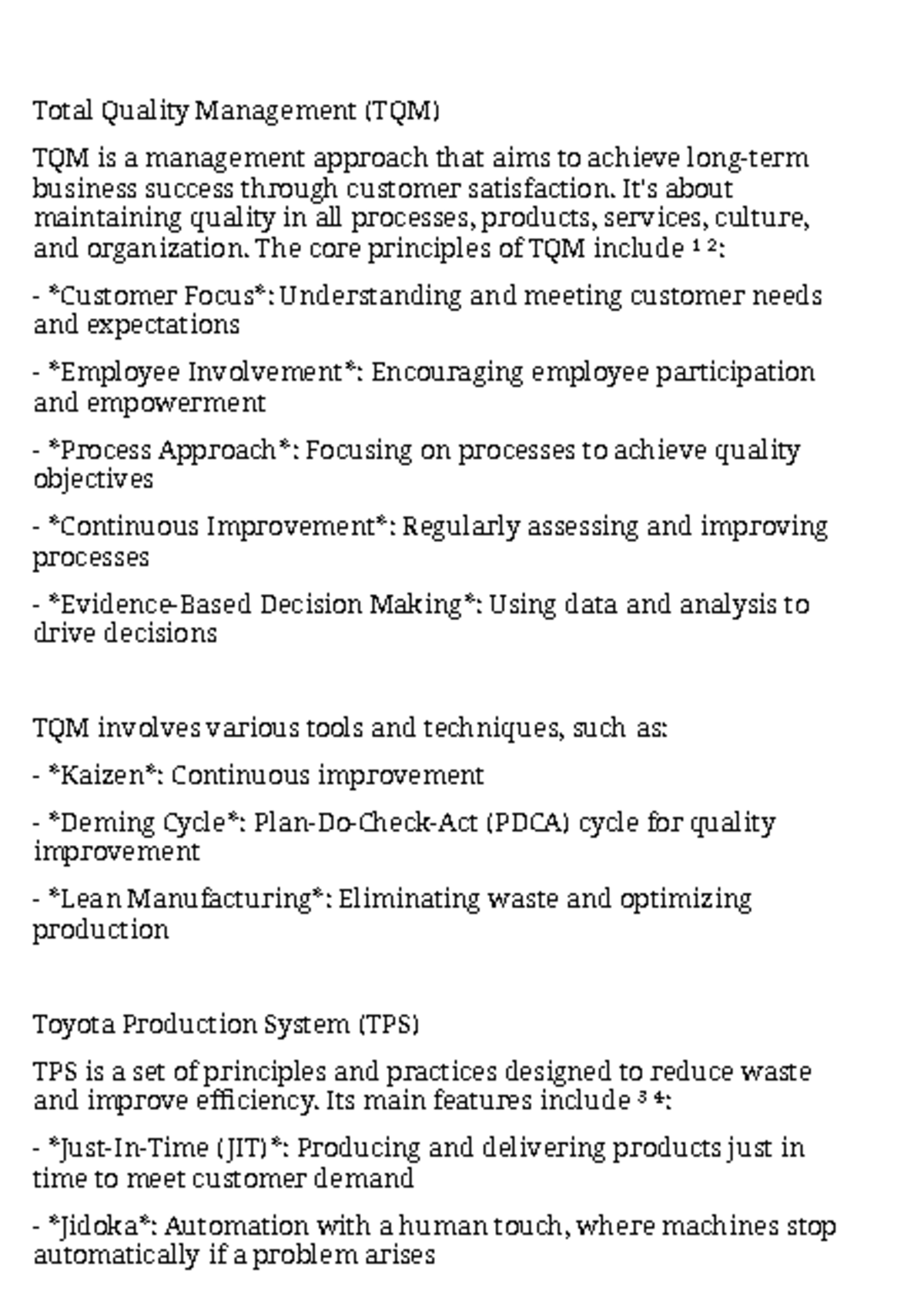 TQM Principles and TPS Techniques for Quality Management - Studocu