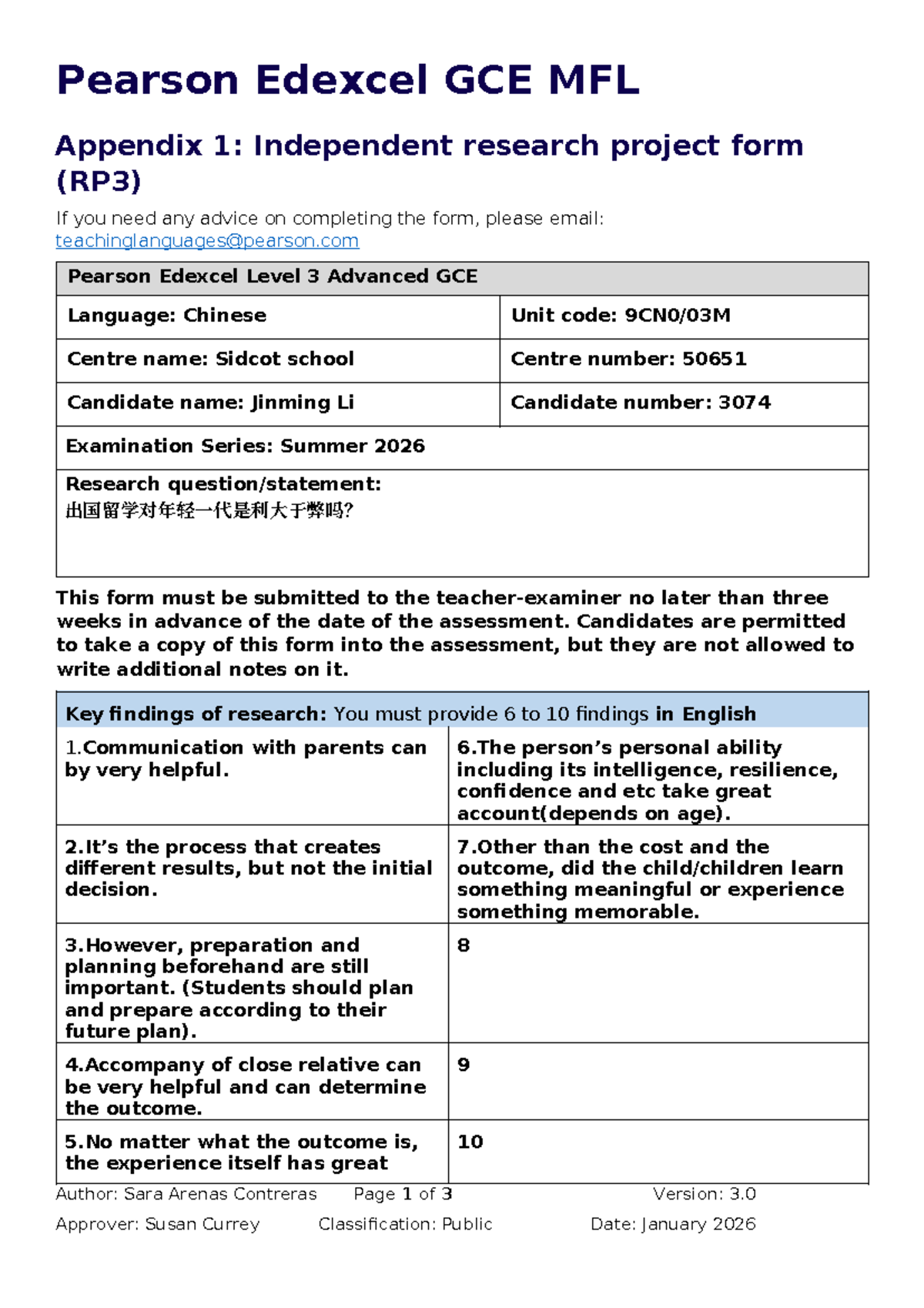 Pearson Edexcel GCE MFL RP3 Independent Research Project Form 2026 ...