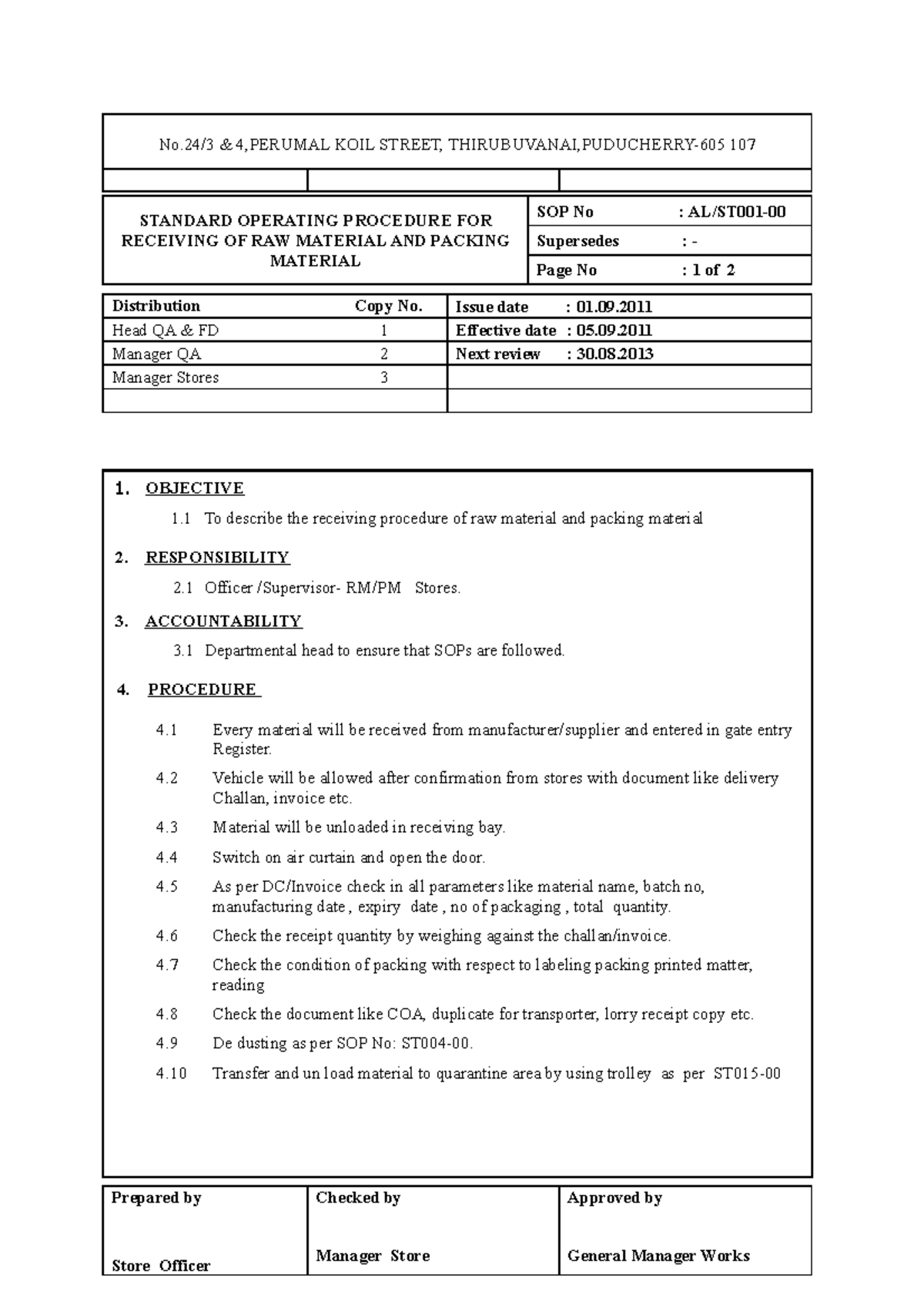 ST001 SOP for Receiving Raw & Packing Materials Procedures - Studocu