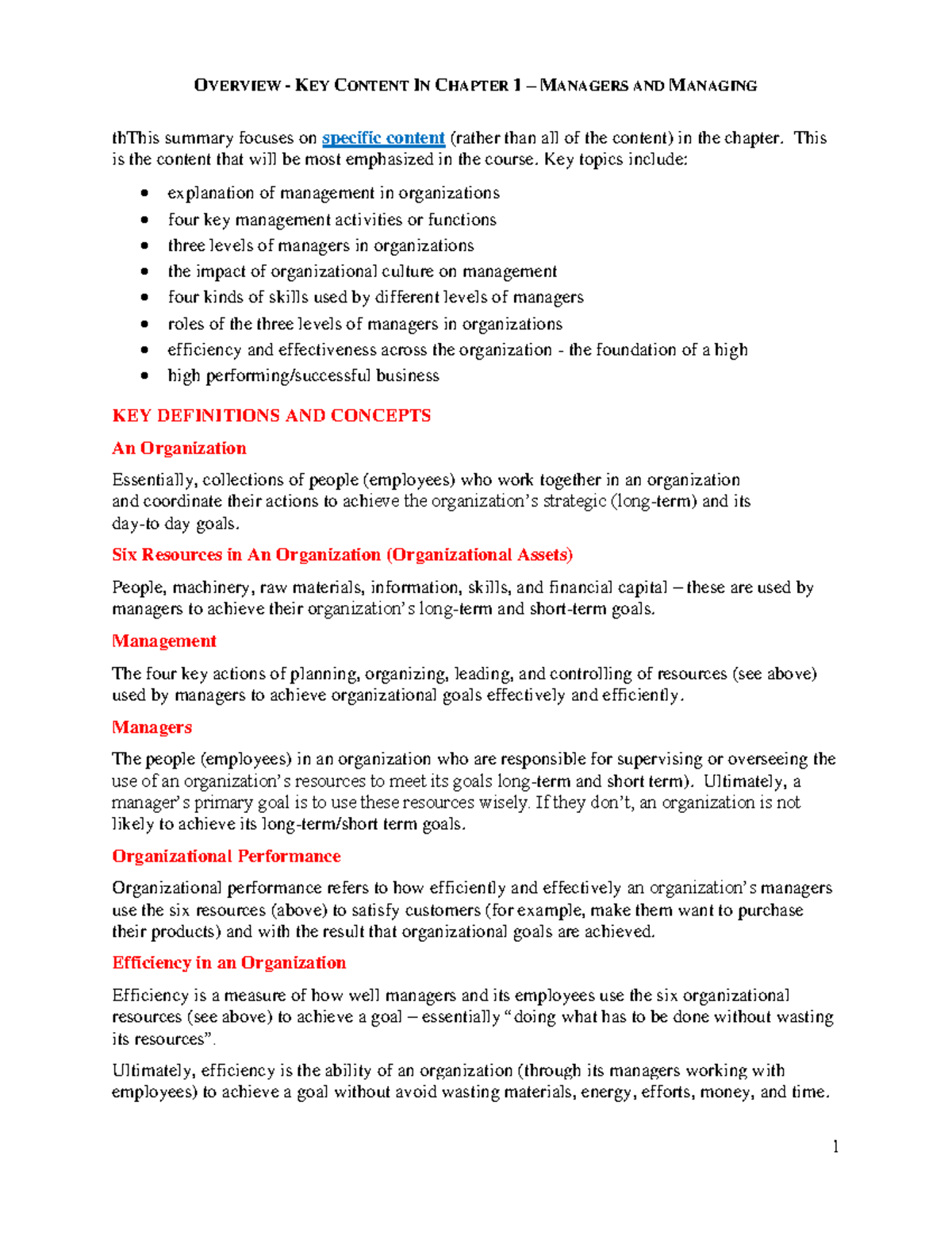 Chapter 1: Summary of Managers and Managing in Organizations - Studocu