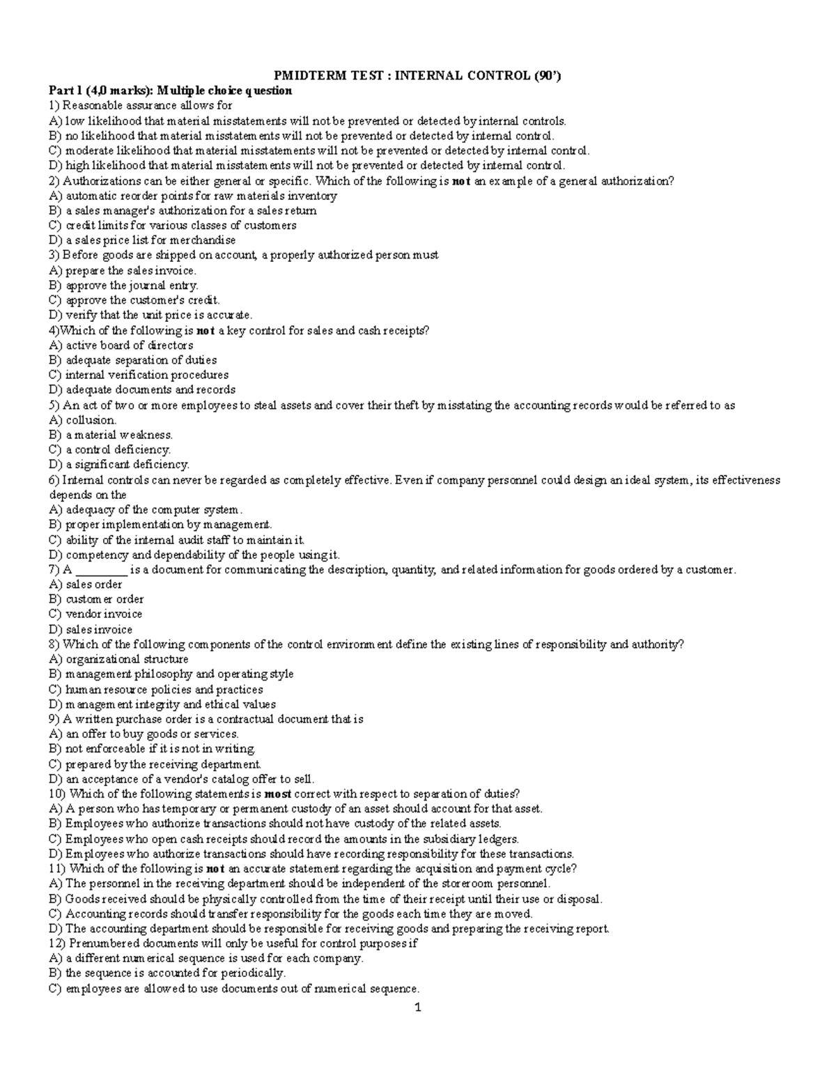 Midterm Exam: Internal Control Concepts and Key Issues (ACCT 301) - Studocu