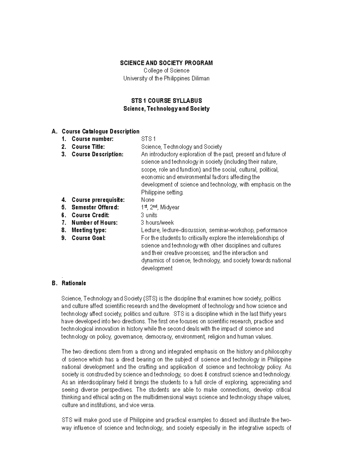 STS 1 Course Syllabus: Science, Technology and Society Overview - Studocu