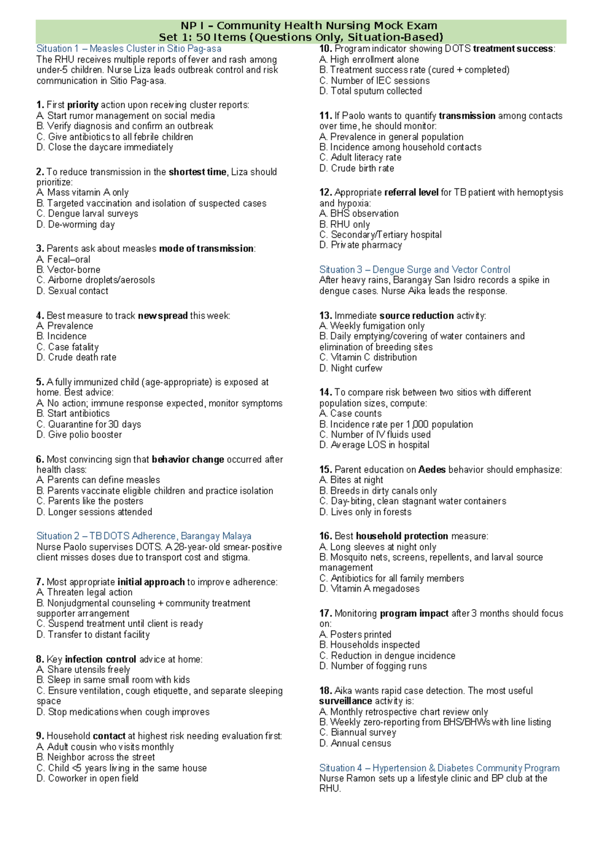 NP I Community Health Nursing Mock Exam Set 1: 50 Practice Questions ...