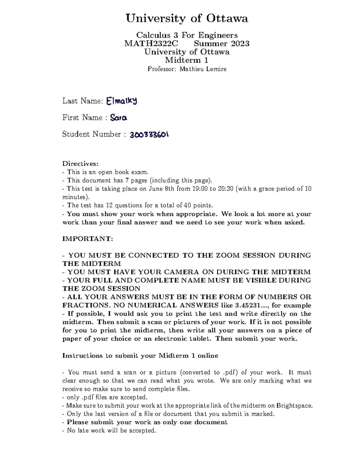 MATH2322A Midterm 1 Solutions for Fall 2022 - Calculus 3 Exam - Studocu