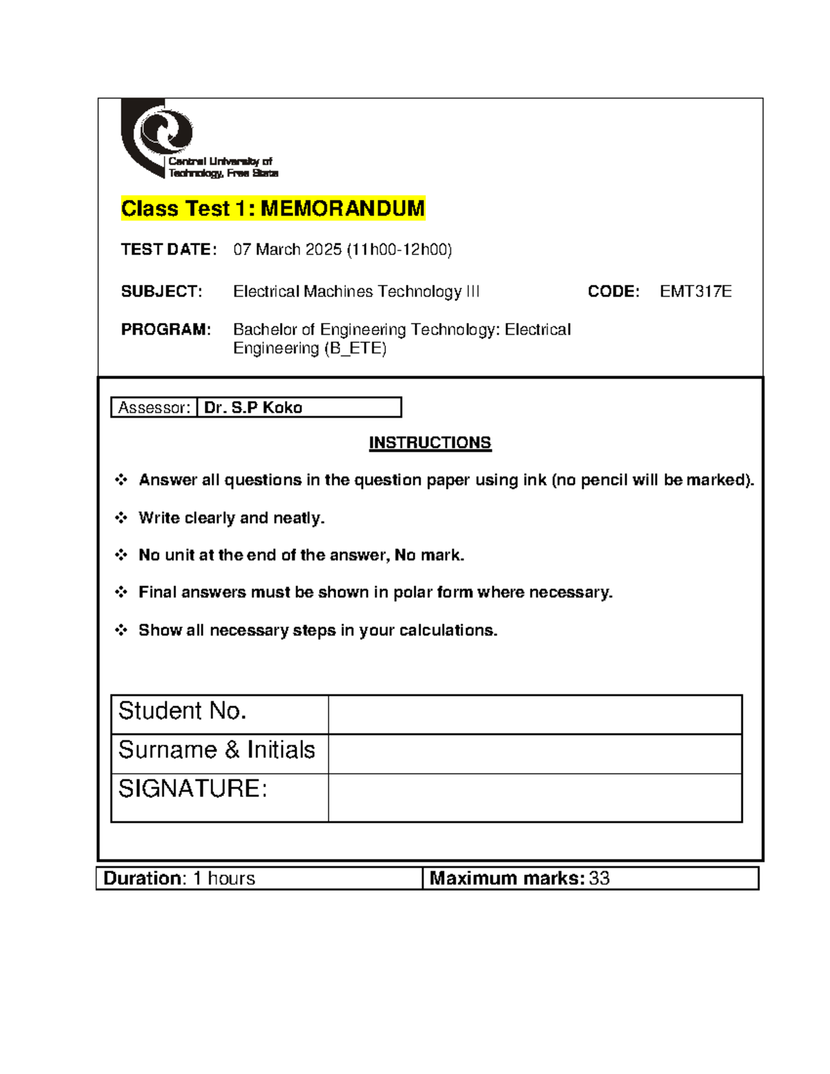 Test 1 Memo: Electrical Machines Technology EMT317E - March 2025 - Studocu
