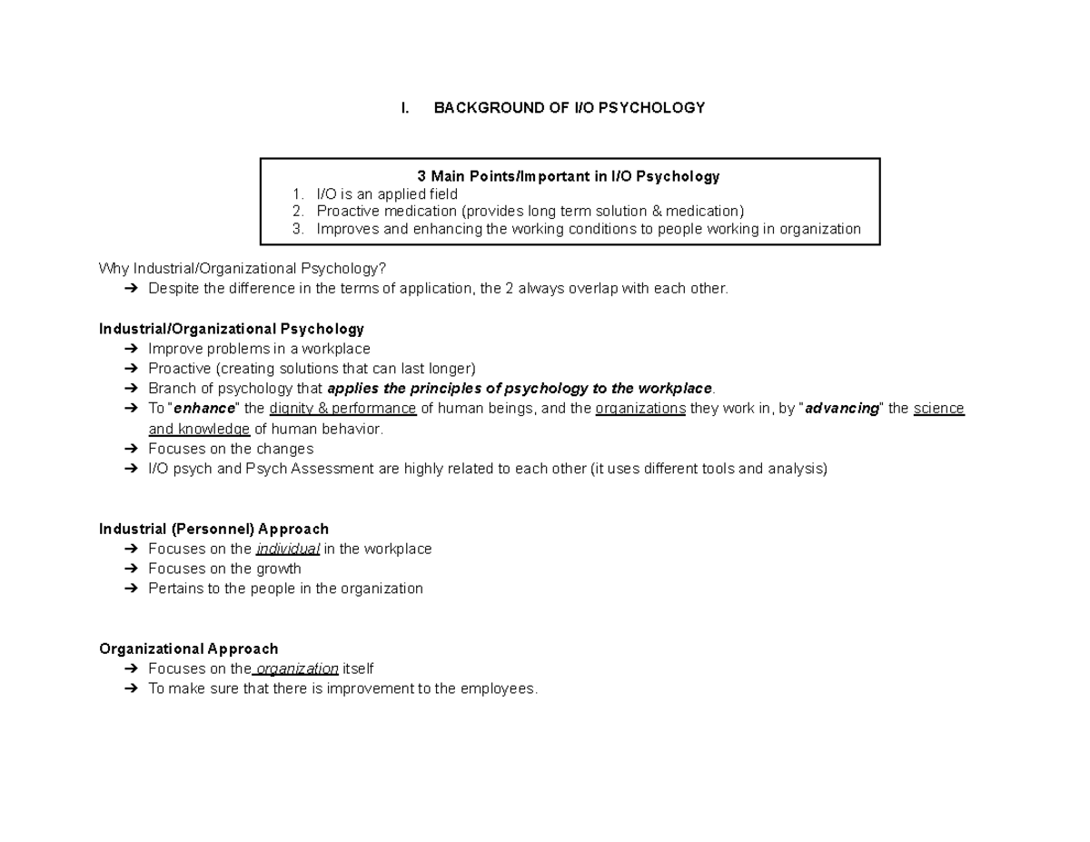 I/O Psychology Lecture Notes: Key Concepts and Practices - Studocu