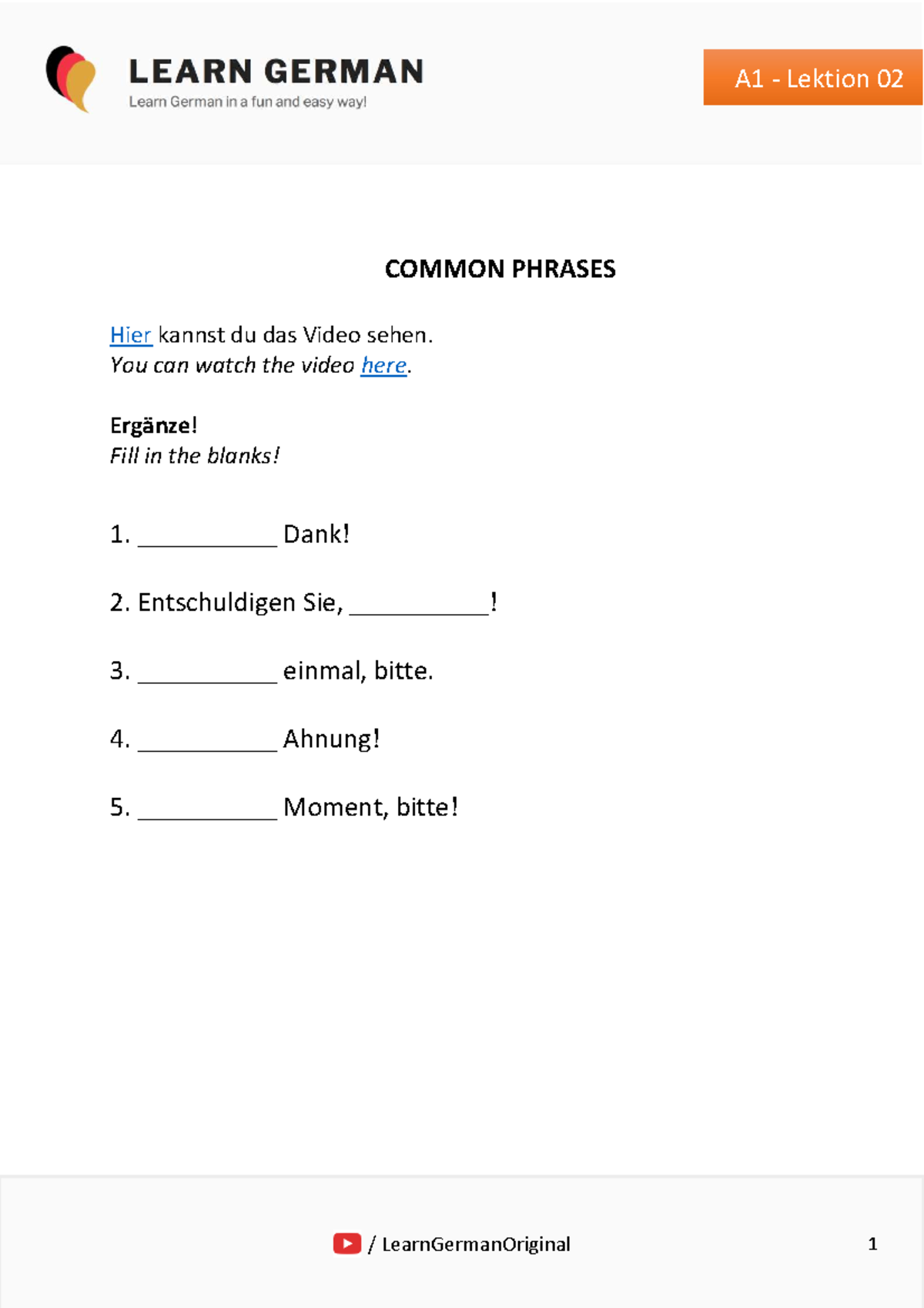 A1 - Lesson 2 - Common Phrases - German - 1 A1 - Lektion 02 ...