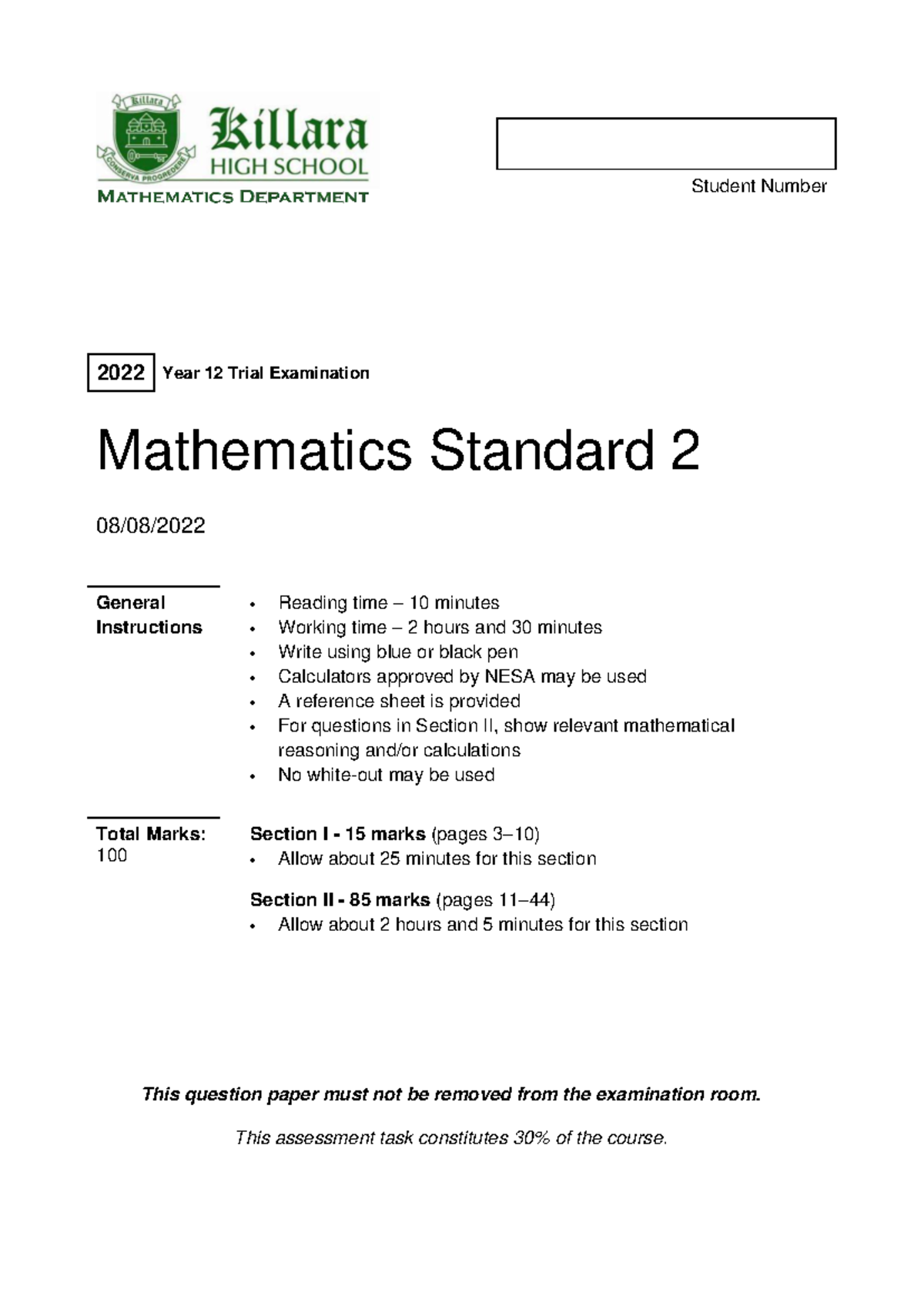 2022 Year 12 Mathematics Standard 2 Trial Exam Questions - S2 - Studocu