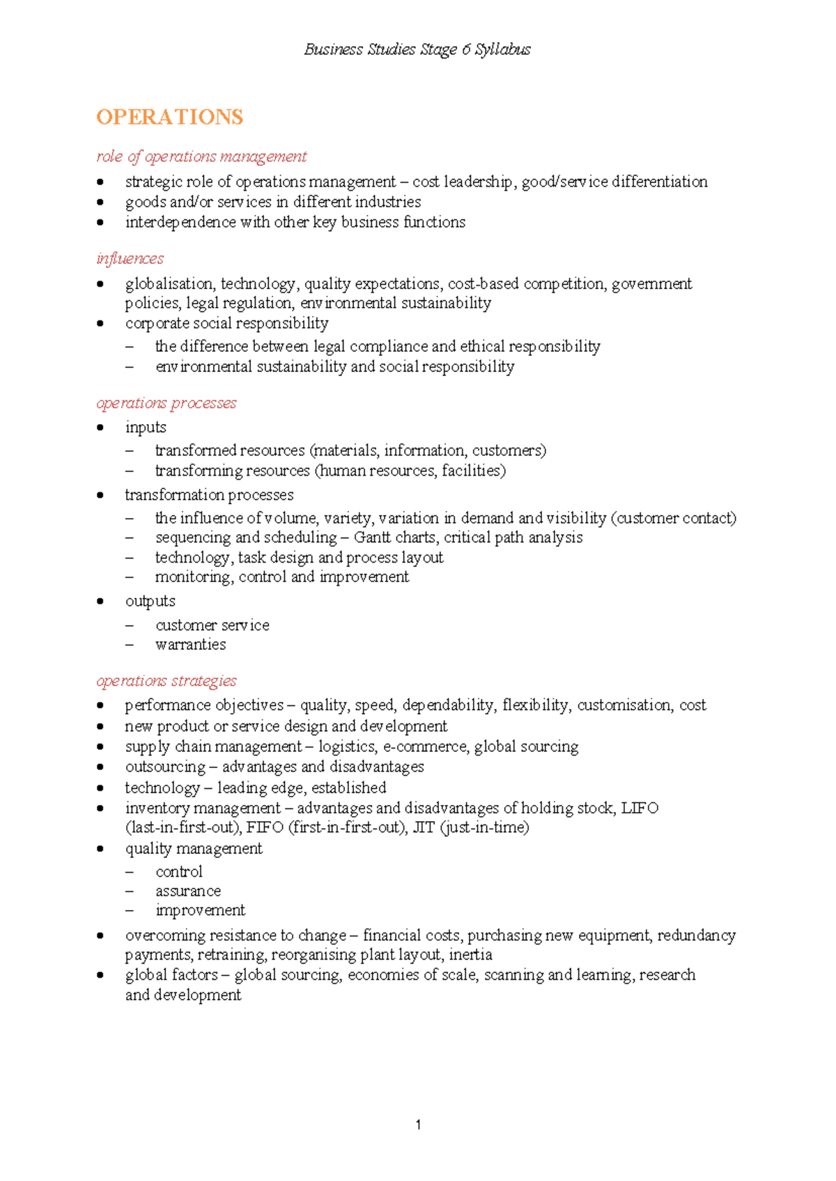 Business Studies Stage 6 Syllabus Overview: Operations, Marketing ...