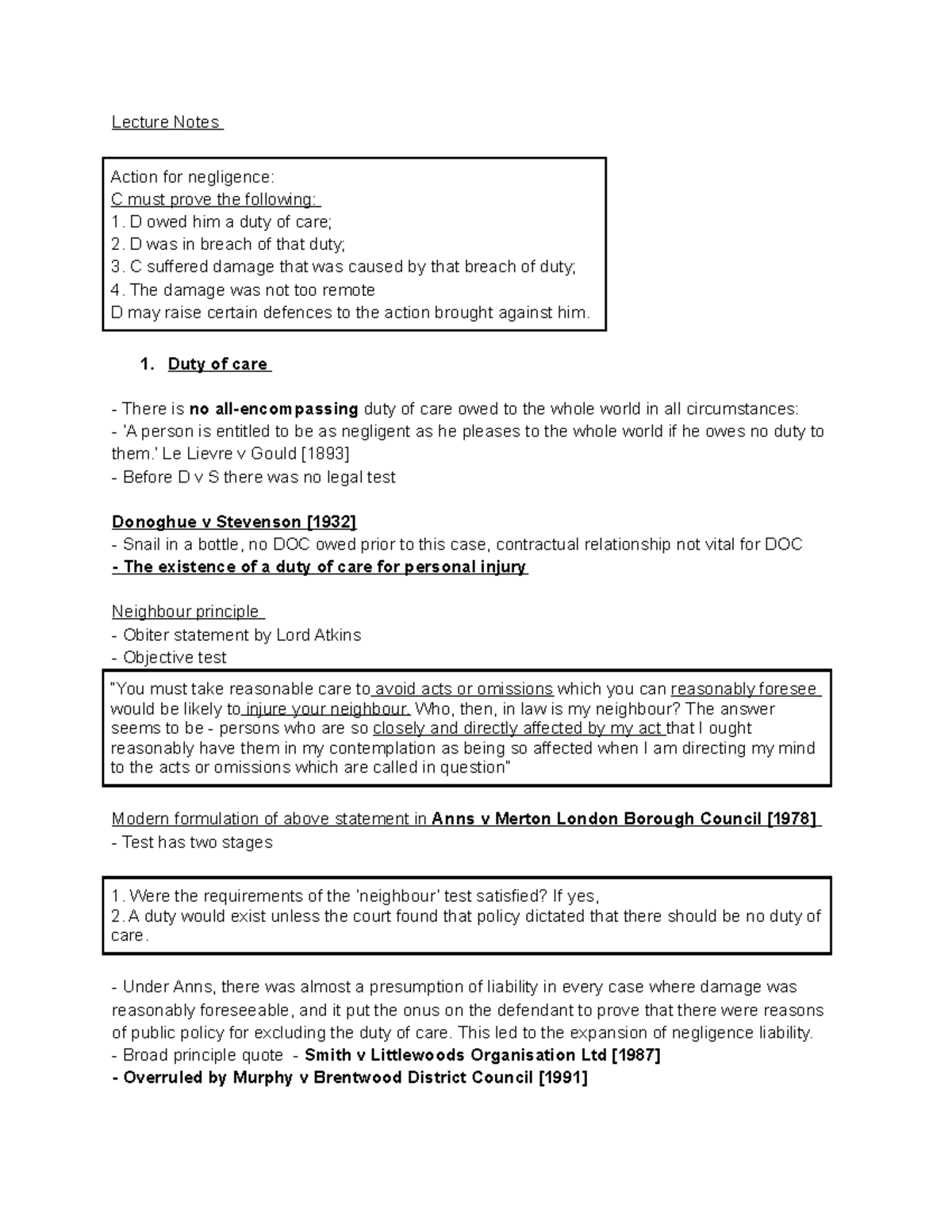 Duty of care - negligence - Lecture Notes Action for negligence: C must ...
