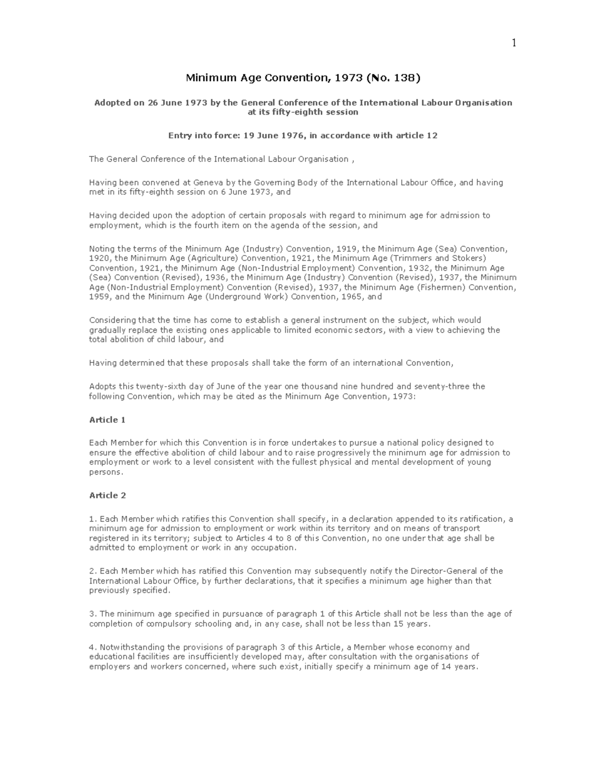 Minimum Age Convention, 1973 (No. 138) Overview and Provisions - Studocu
