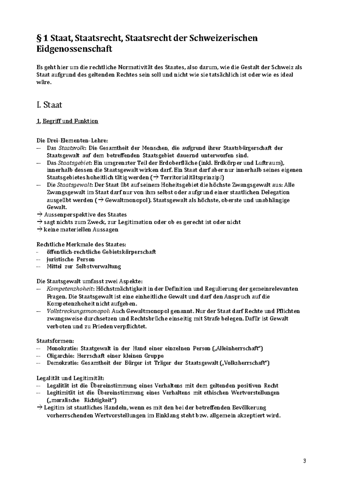 Staatsrecht der Schweiz: Normativität und Staatsformen (1. Staat) - Studocu
