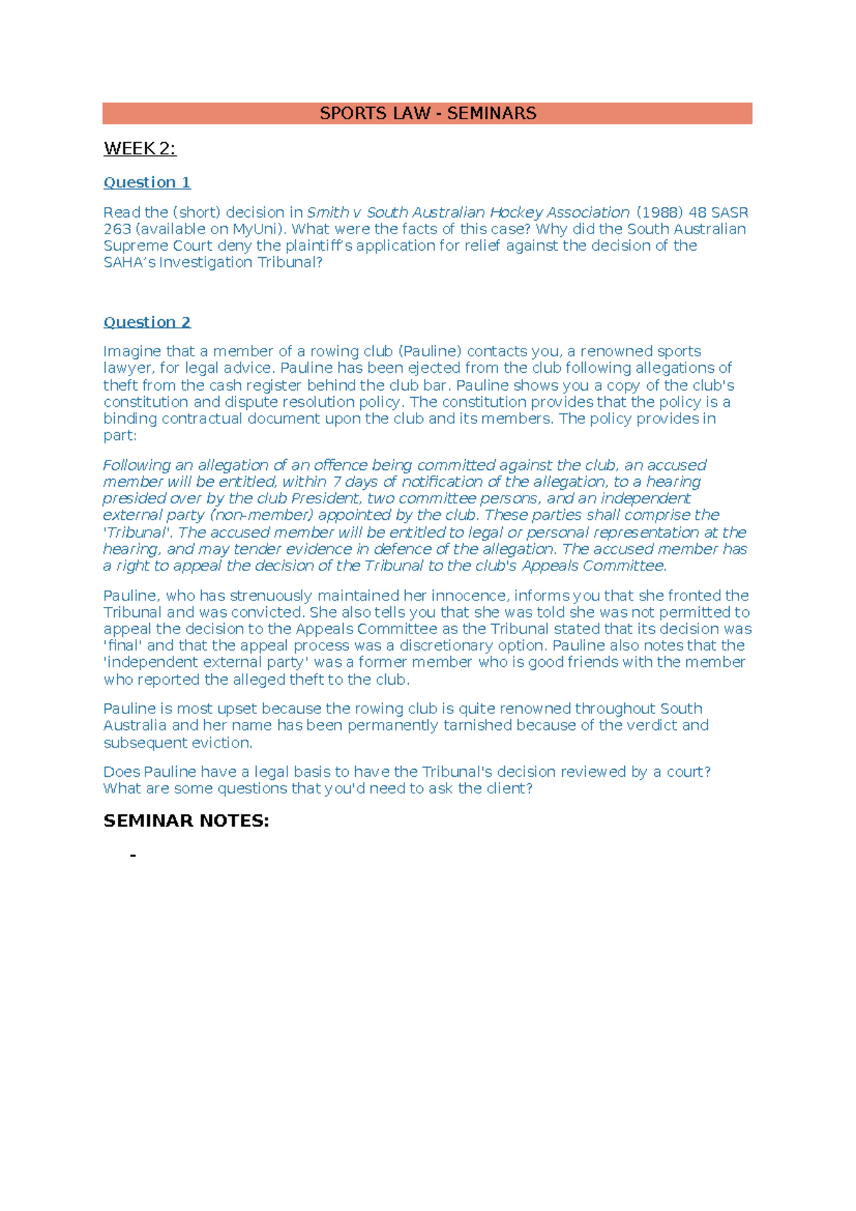 Sports Law Seminar 2: Case Analysis & Client Consultation Notes - Studocu