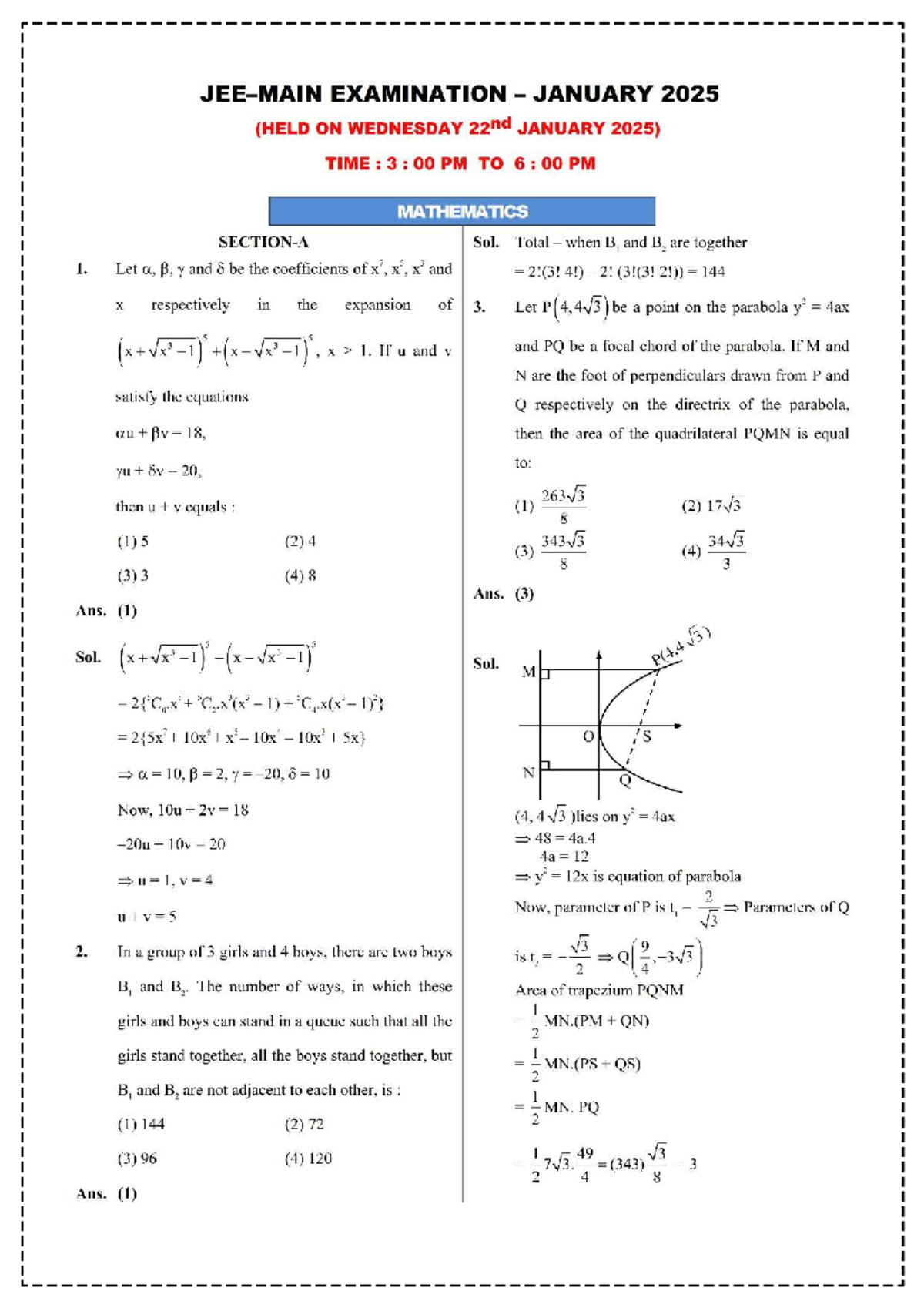 JEE 2025 Mathematics Final Exam Solutions and Analysis - Studocu