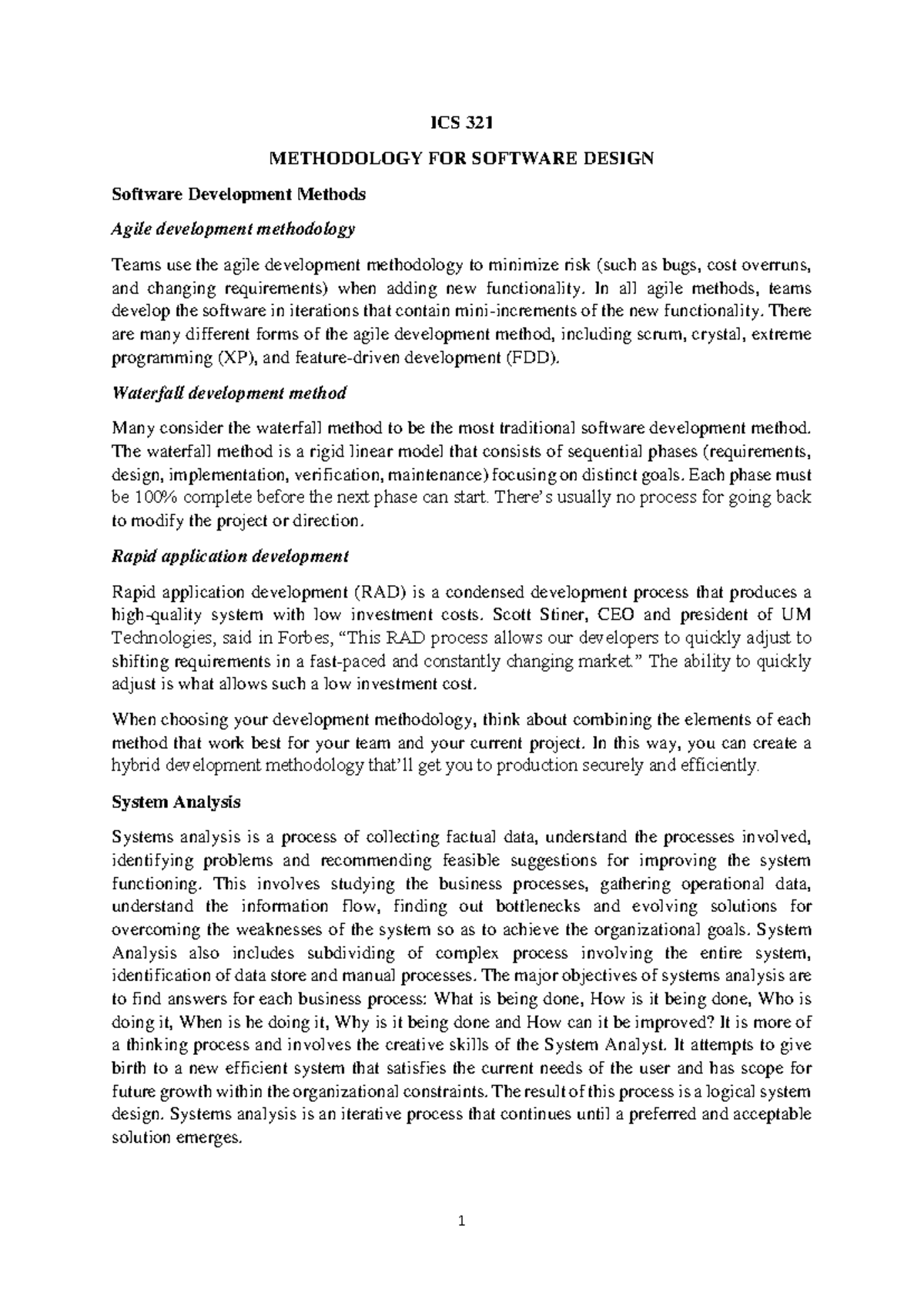 ICS 321 METHODOLOGY FOR SOFTWARE DESIGN: Agile, Waterfall, and RAD ...