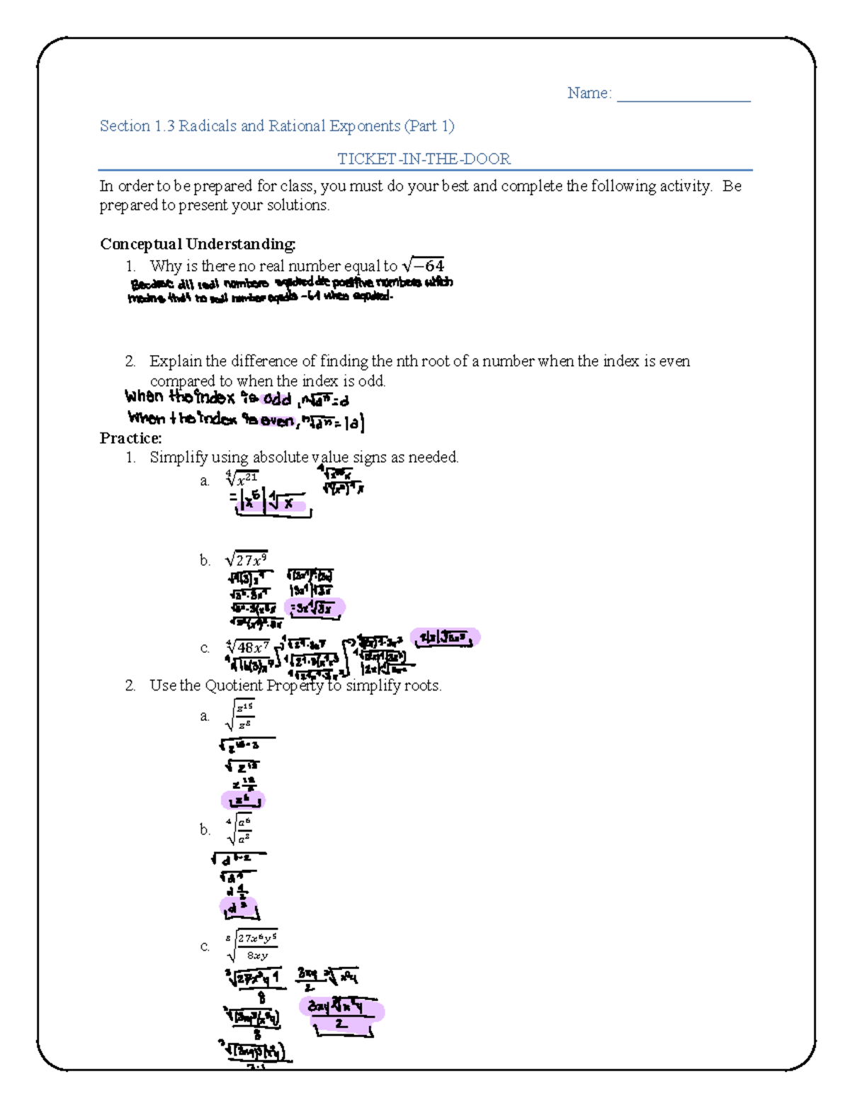 Math 115 Section 1: Radicals & Rational Exponents Activities - Studocu