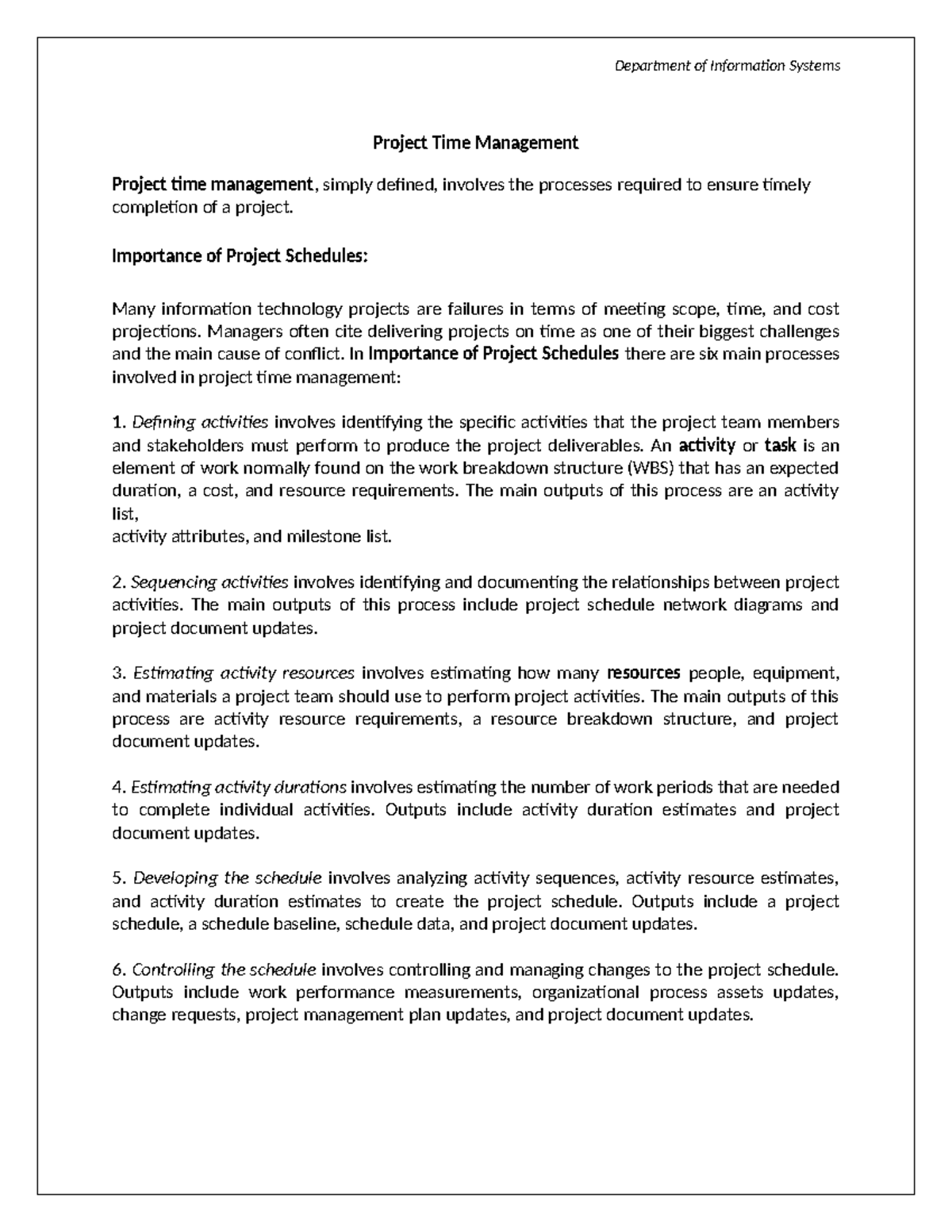 IS 101: Project Time Management - Chapter 4 Overview - Studocu
