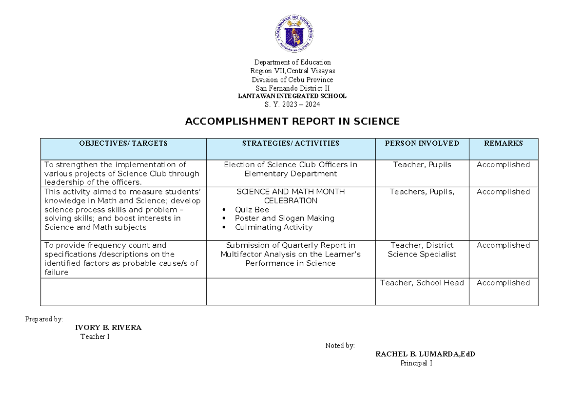 Accomplishment Report in Science for S.Y. 2023-2024 - Cebu Region VII ...