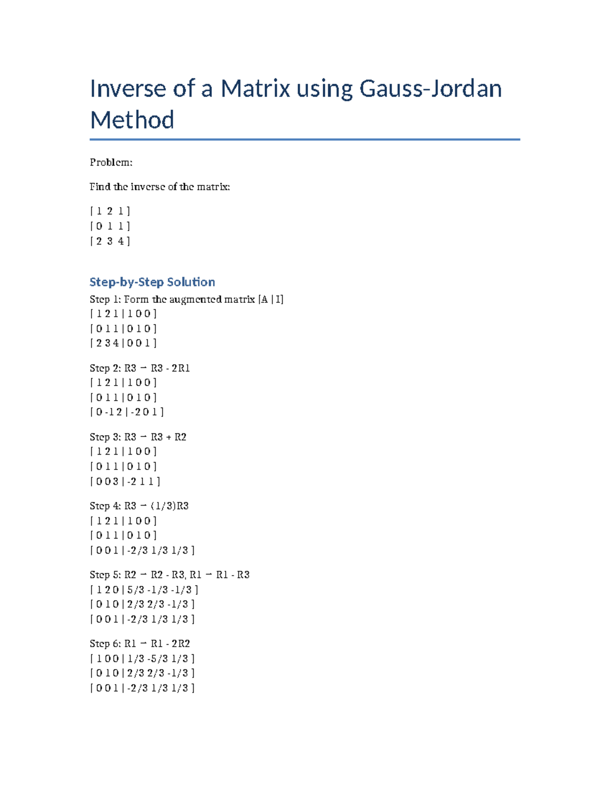 Inverse Matrix RREF - Detailed notes - Inverse of a Matrix using Gauss ...