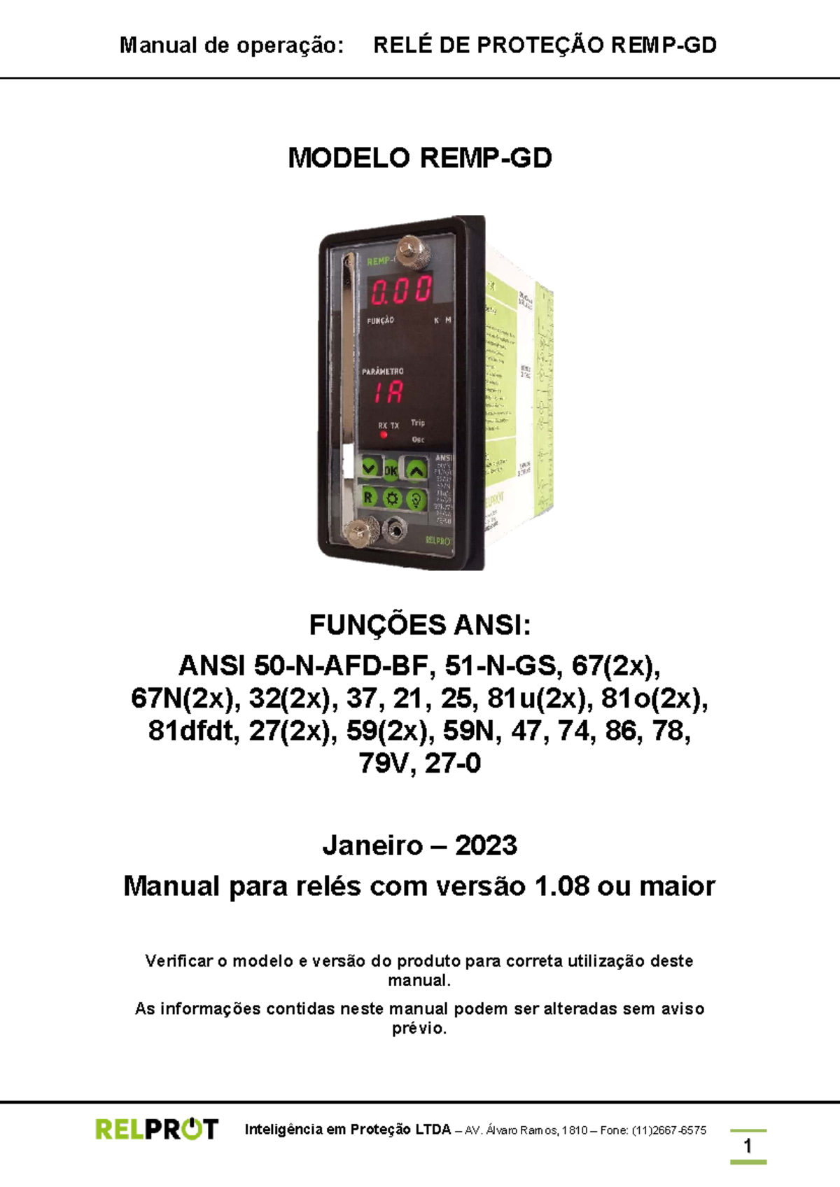 Manual de Operação: Relé de Proteção ANSI 67, 67N, 32 e Mais - Studocu
