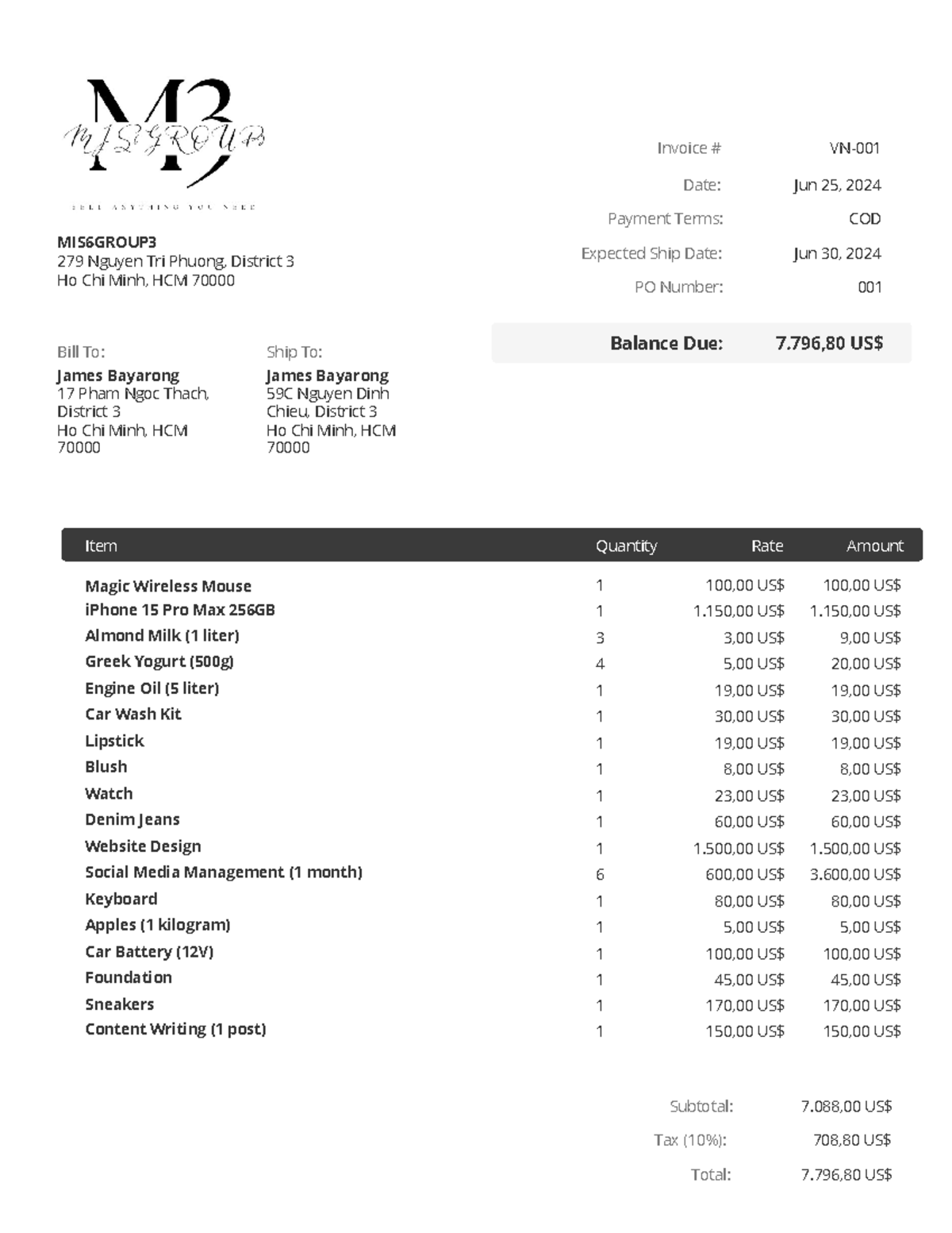 Invoice VN-001 - MIS6GROUP 279 Nguyen Tri Phuong, District 3 Ho Chi ...