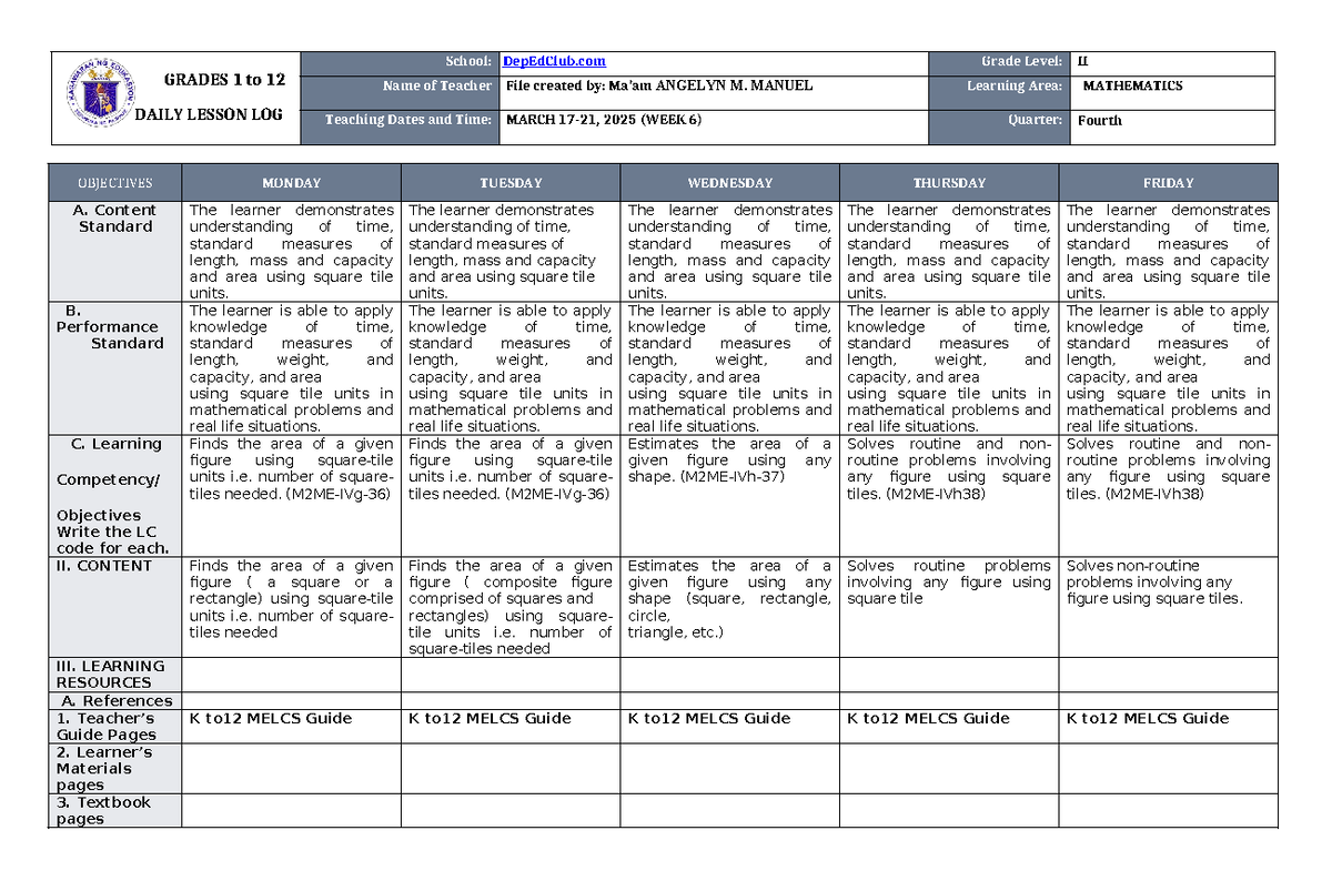 DLL Mathematics 2 Q4 W6 - GRADES 1 to 12 DAILY LESSON LOG School ...