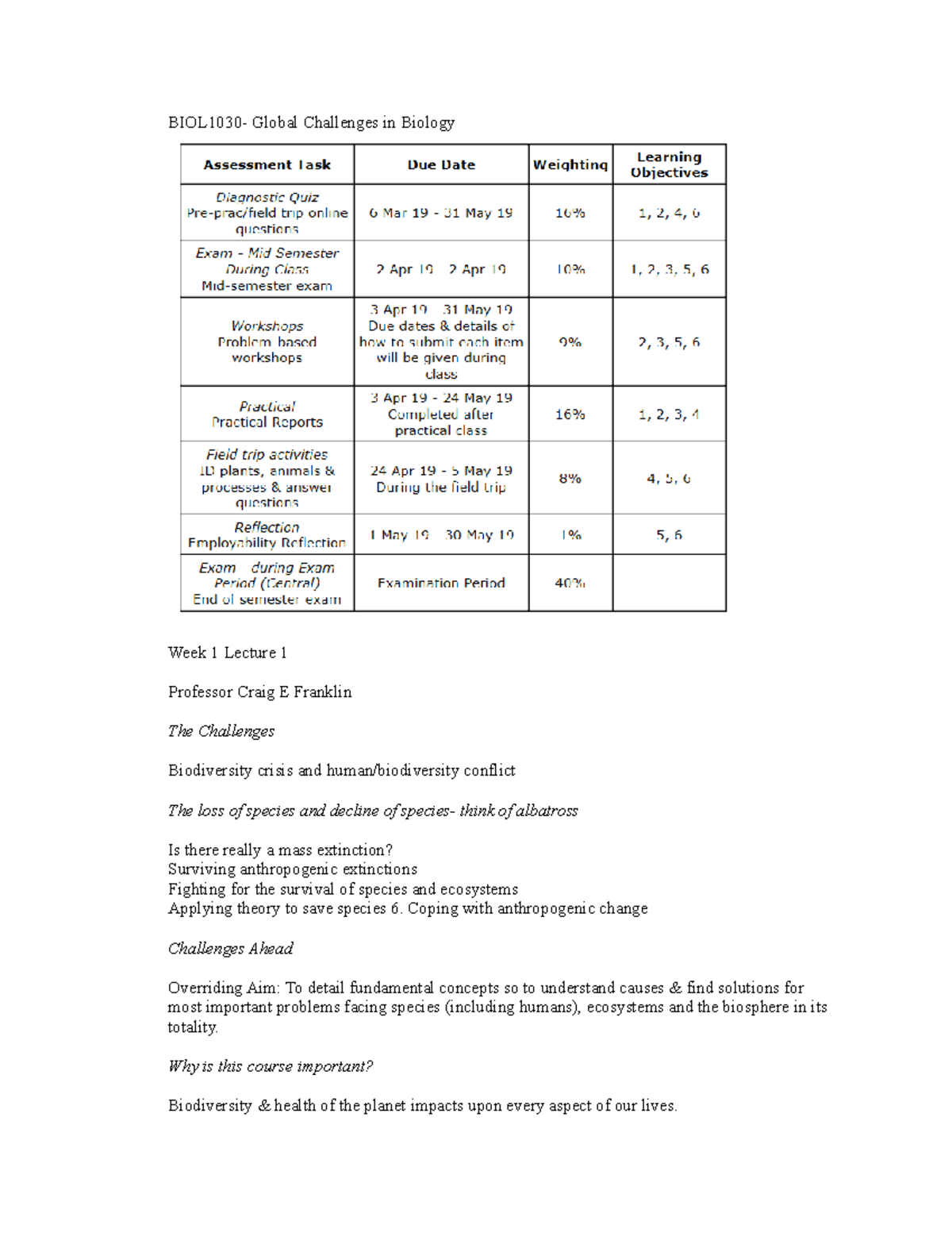 BIOL1030- Lectures - BIOL1030- Global Challenges in Biology Week 1 ...