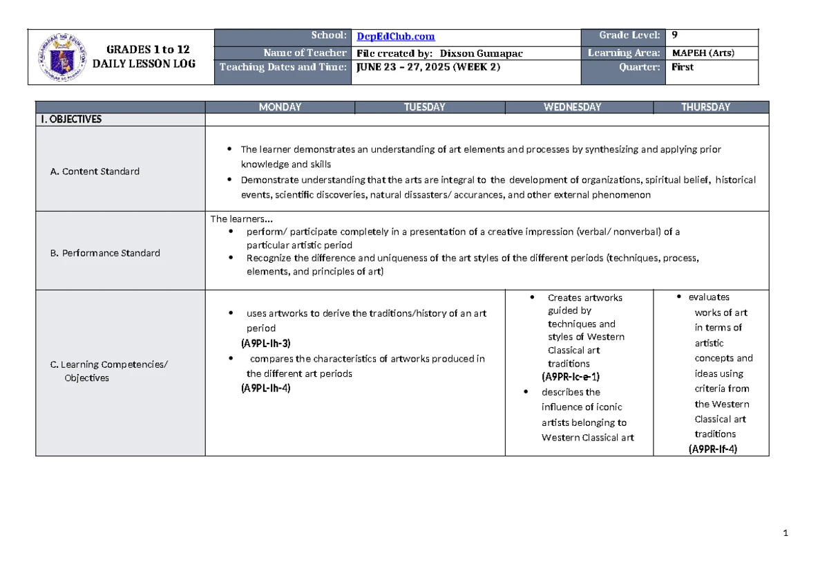 DLL MAPEH Health 9 - Week 2 Lesson Plan and Activities - Studocu