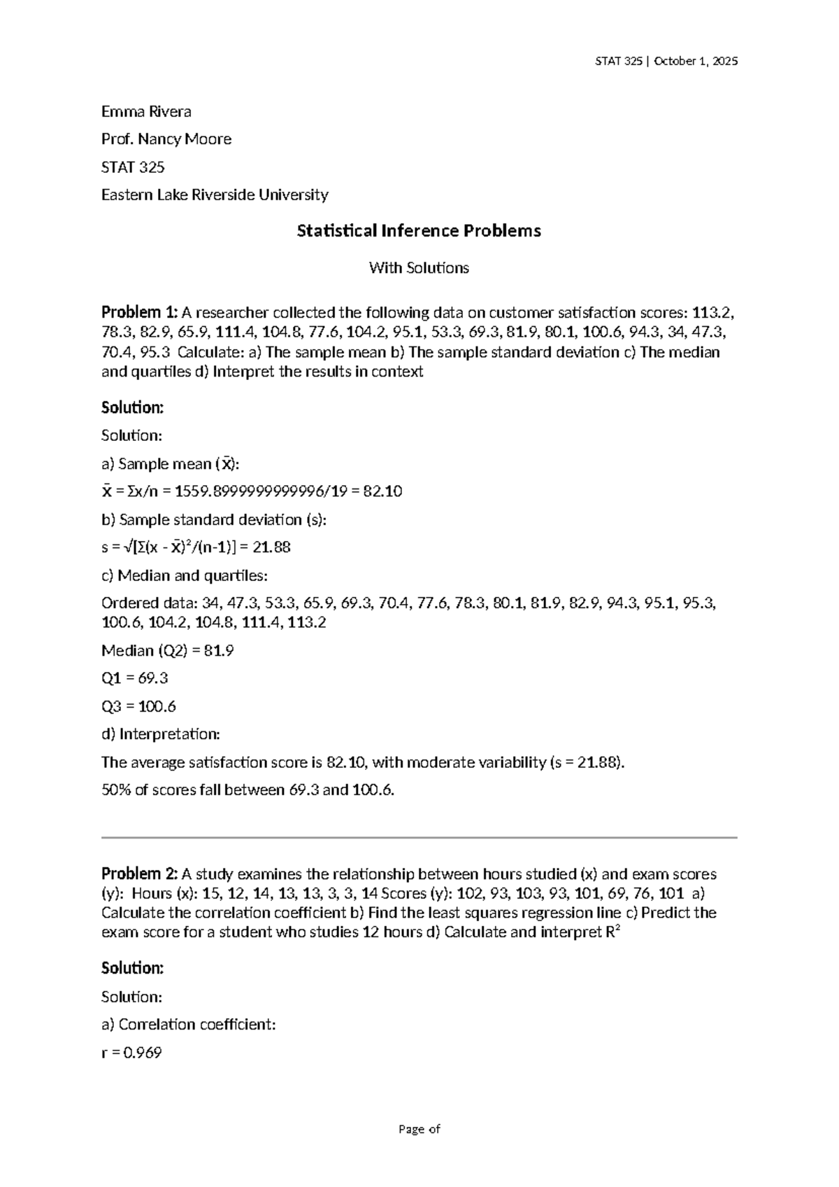 STAT 325 Statistical Inference Problems & Solutions - Studocu