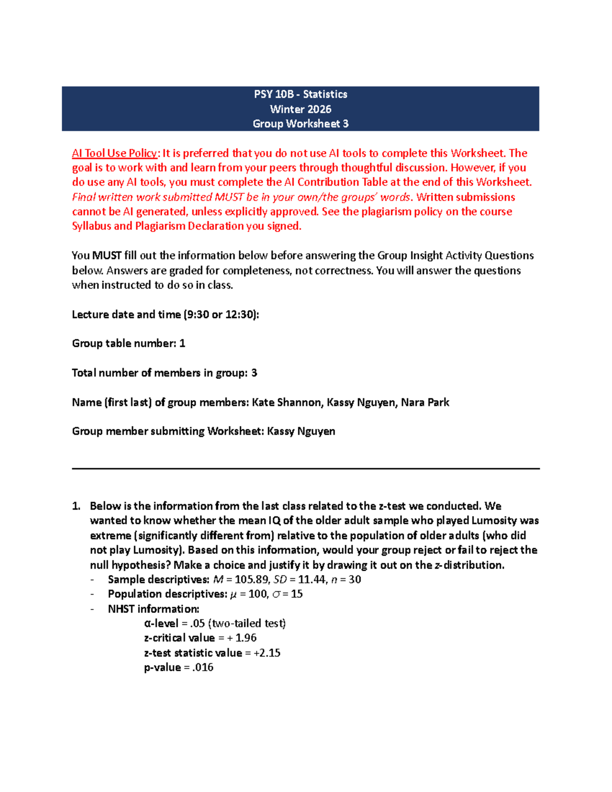 PSY 10B Group Worksheet 3: AI Tool Use Policy & NHST Analysis W26 - Studocu