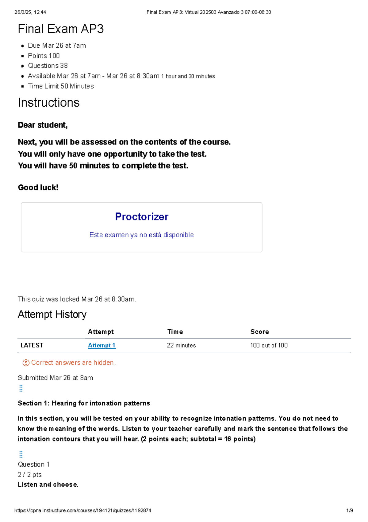 Final Exam AP3 202503 Avanzado 3 Listening Assessment [EXAMEN 2025] - Document Preview