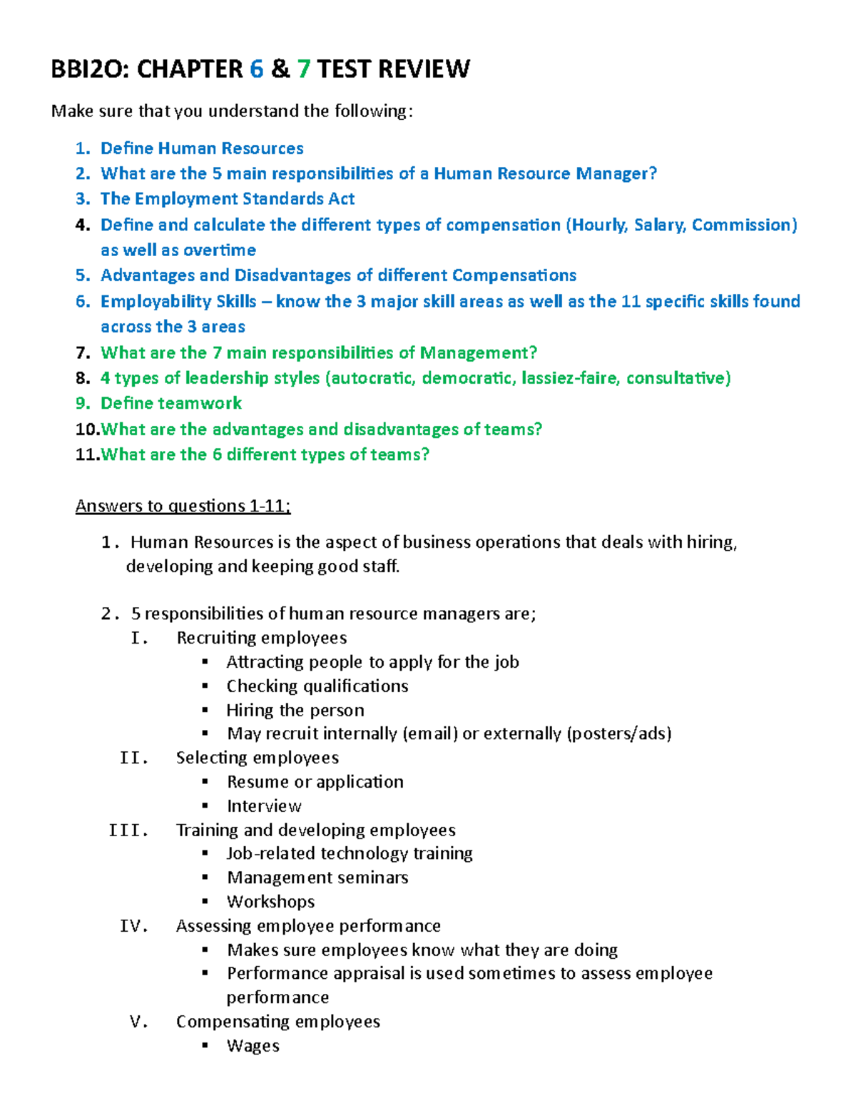 BBI2O: Chapter 6 & 7 HR Management Test Review Guide - Studocu
