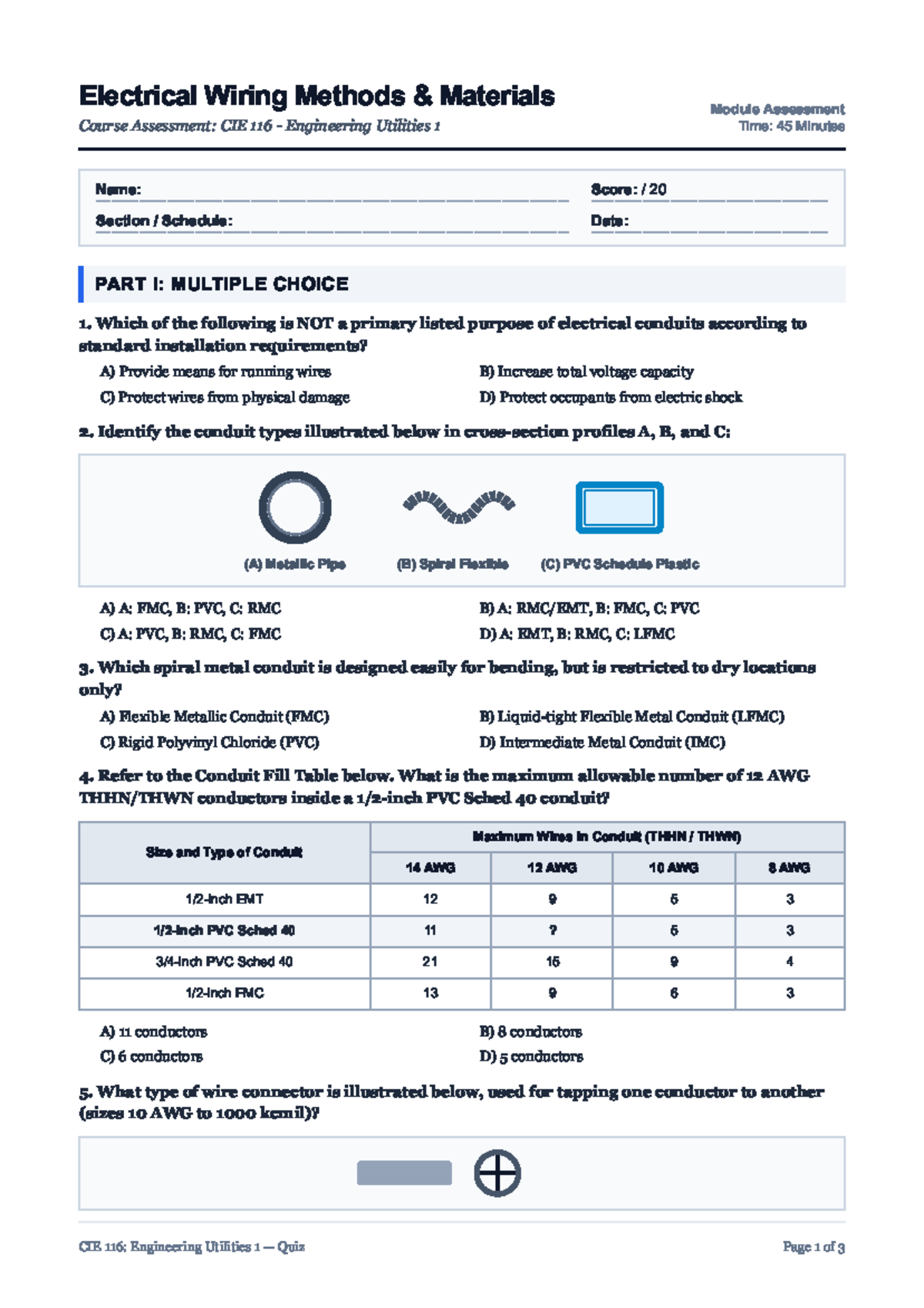 CIE 116: Engineering Utilities 1 Quiz on Wiring Methods & Materials ...