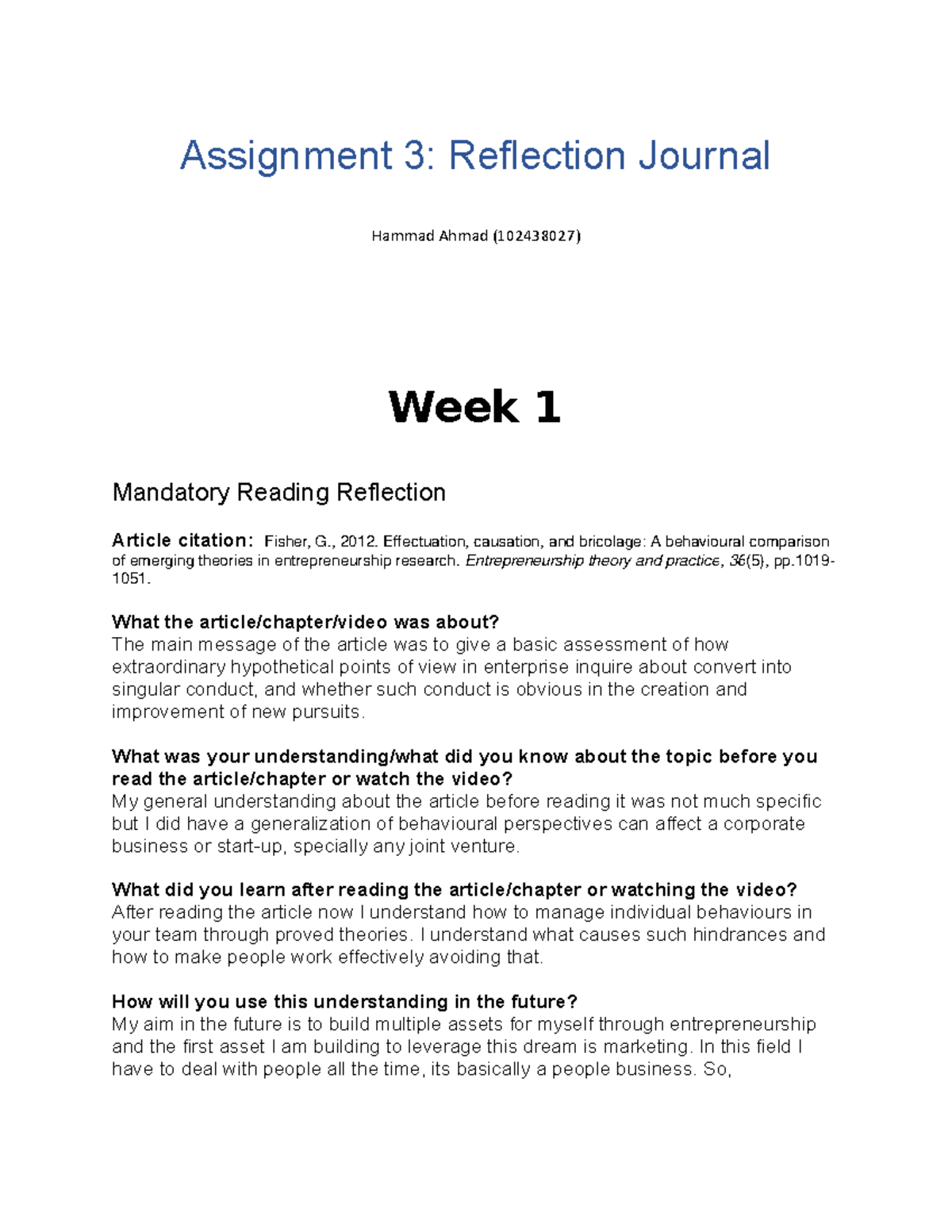Reflection Journal - Lean Startup - Assignment 3: Reflection Journal ...