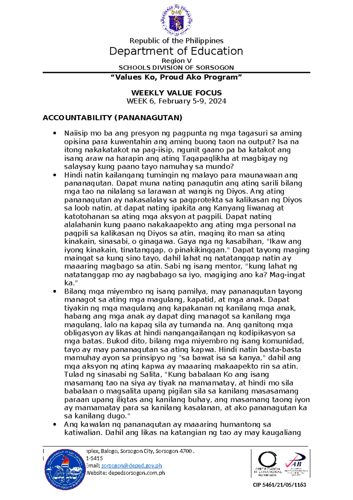 Filipino Weekly Value Focus - Accountability (CIP 5461/21/05) - Studocu