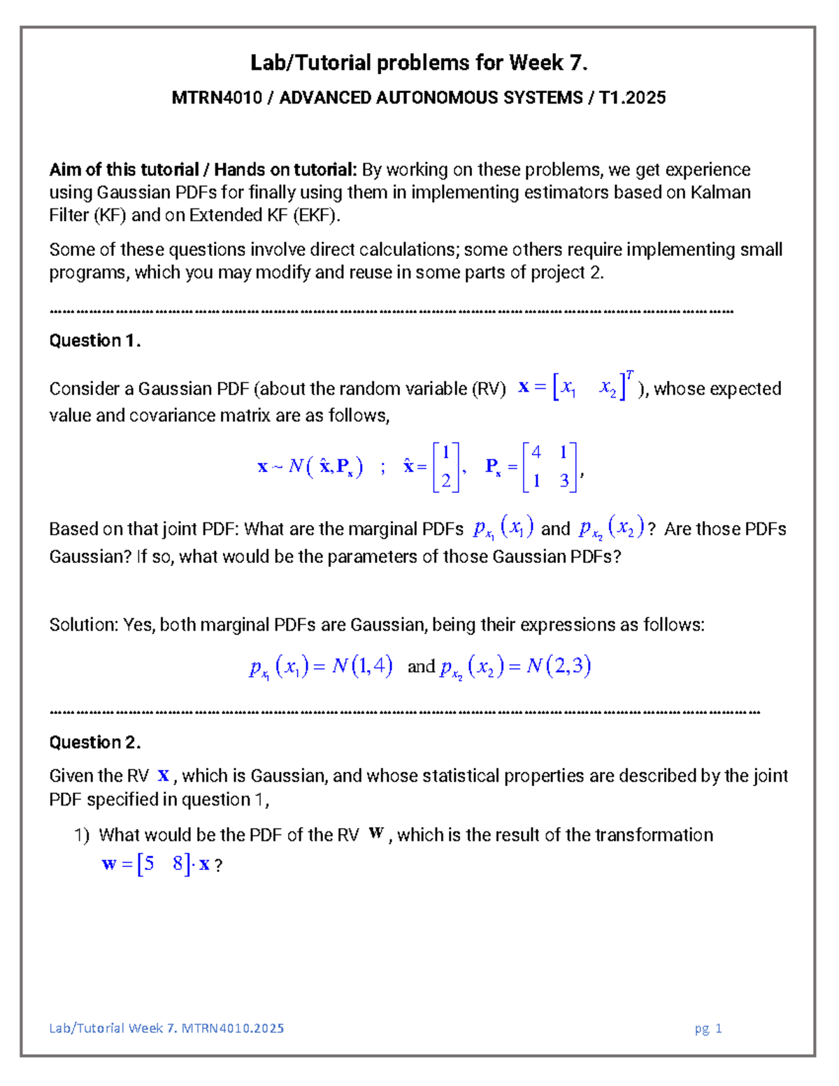 MTRN4010 Week 7 lab tutorial on Gaussian PDFs and Kalman Filters - Studocu