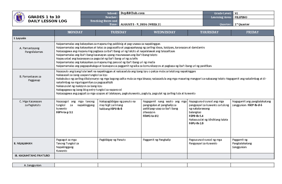 DLL Filipino 6 Q1 W2: Daily Lesson Log for Week 2 Activities - Studocu
