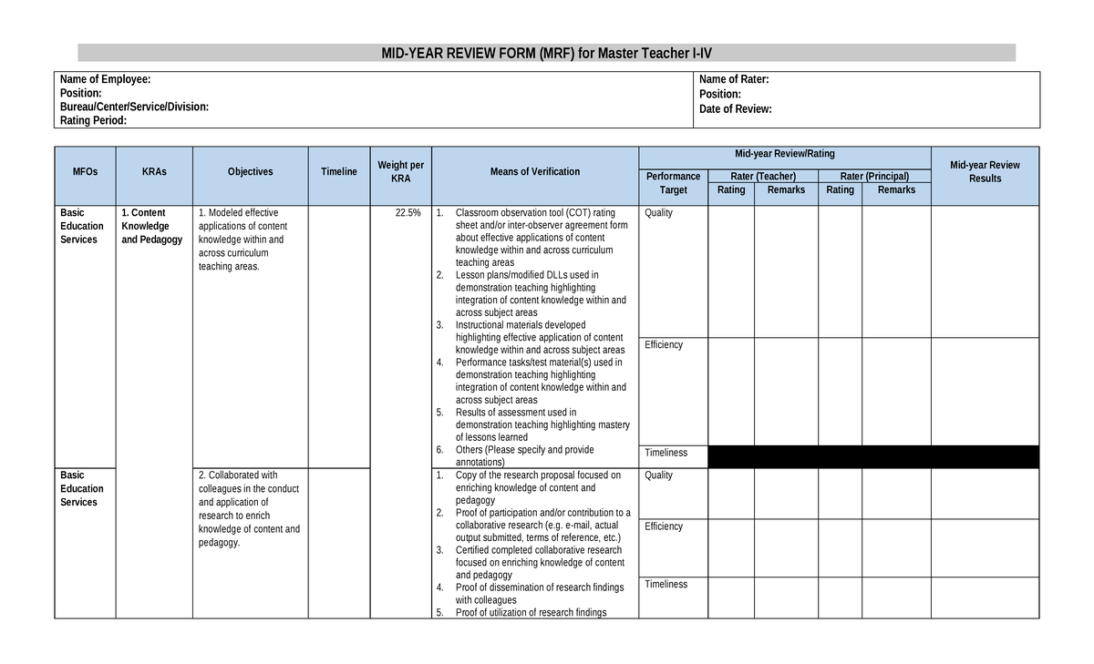 MRF MT1-4: Review Form for Master Teacher Promotion Evaluation - Studocu