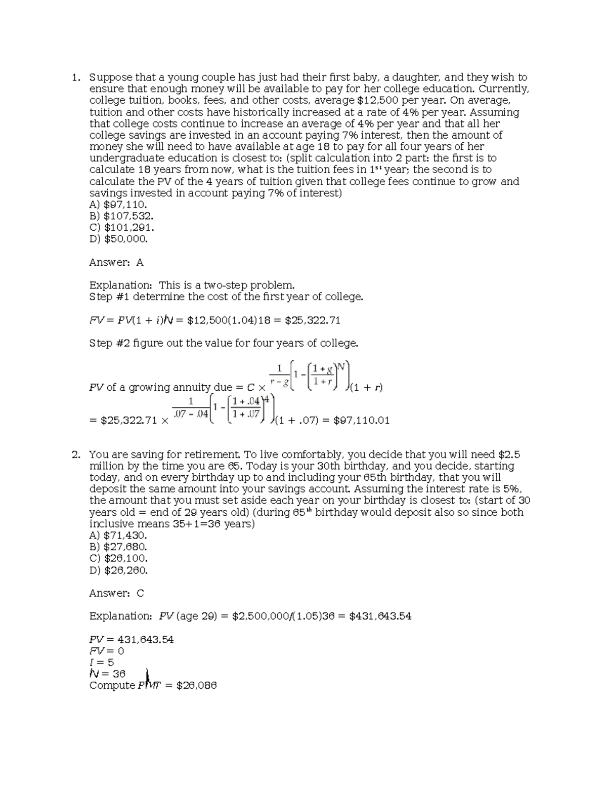 Mock Exam Solutions - FIN 101 Final Prep Guide - Studocu