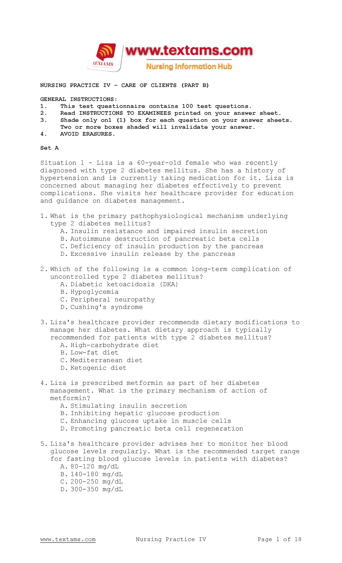 NURSING PRACTICE IV - CARE OF CLIENTS (EXAM PREPARATION) - Studocu