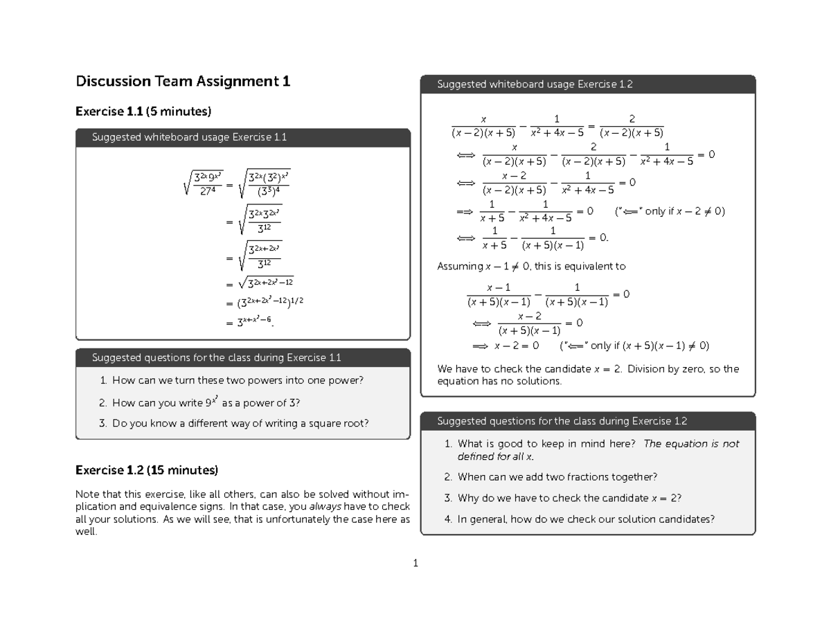 Team Assignment 1: Class Exercises and Discussion Notes - Studeersnel