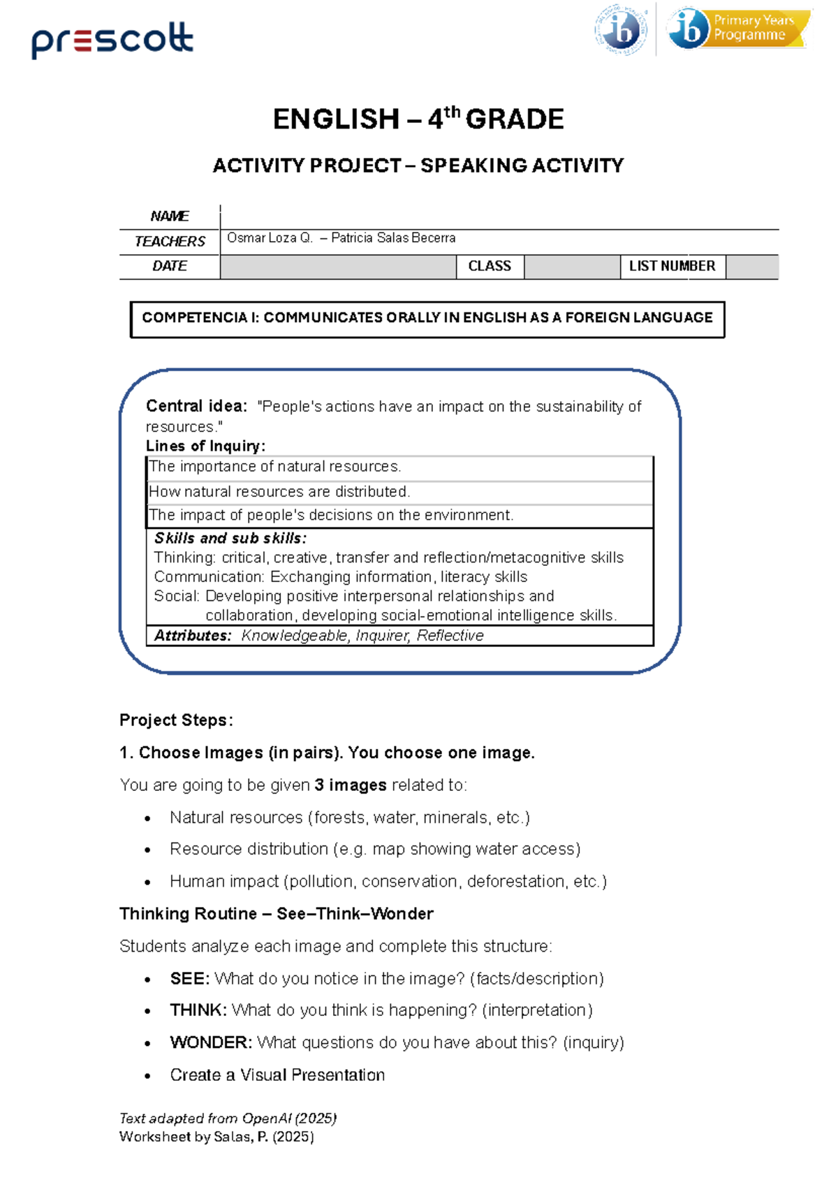 ENGLISH 4TH GRADE SPEAKING ACTIVITY PROJECT - DAY 3 - Studocu
