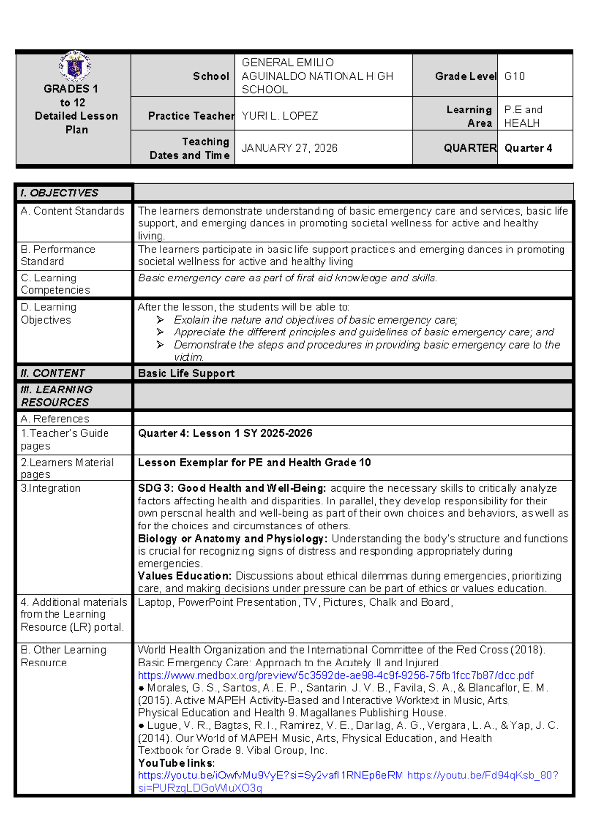G10 P.E. & Health Lesson Plan: Basic Life Support (Quarter 4) - Studocu