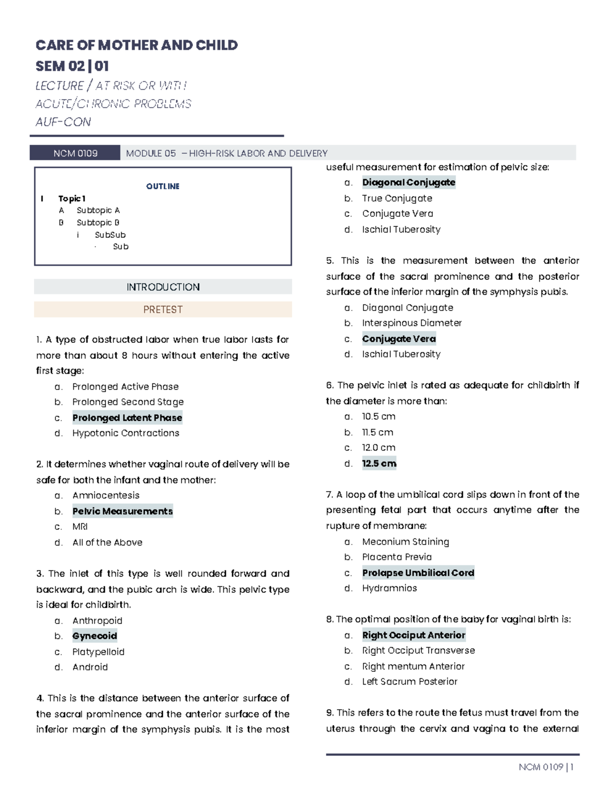 NCM 0109 Module 05 - High-Risk Labor and Delivery Lecture Notes - Studocu