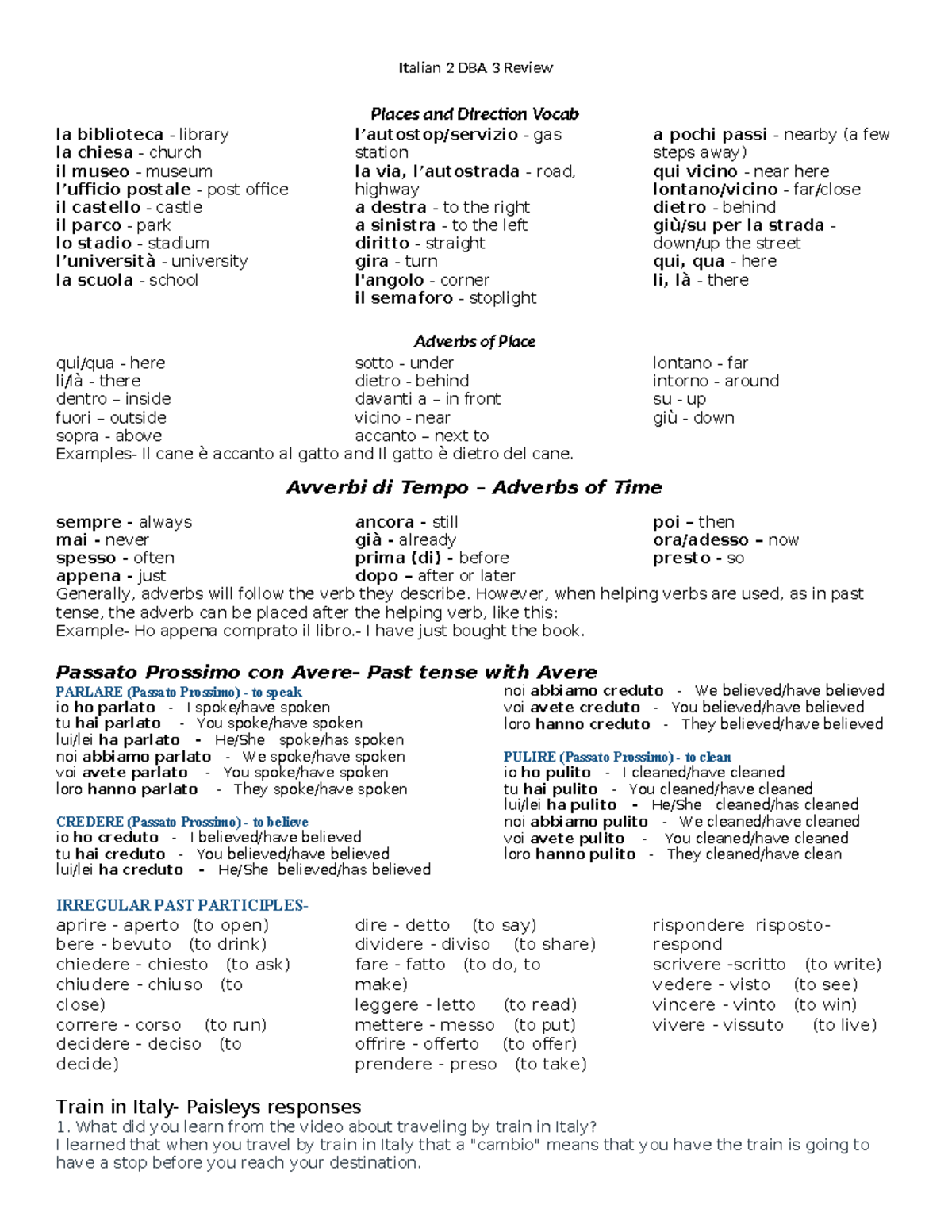 Italian 2 DBA 3 - Vocabulary and Grammar Review Notes - Studocu