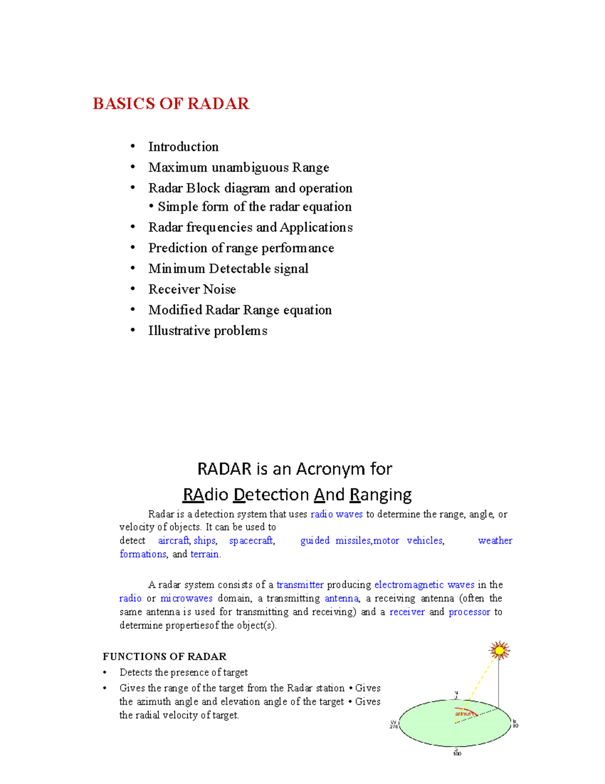 Radar Systems - BASICS OF RADAR Introduction Maximum unambiguous Range ...