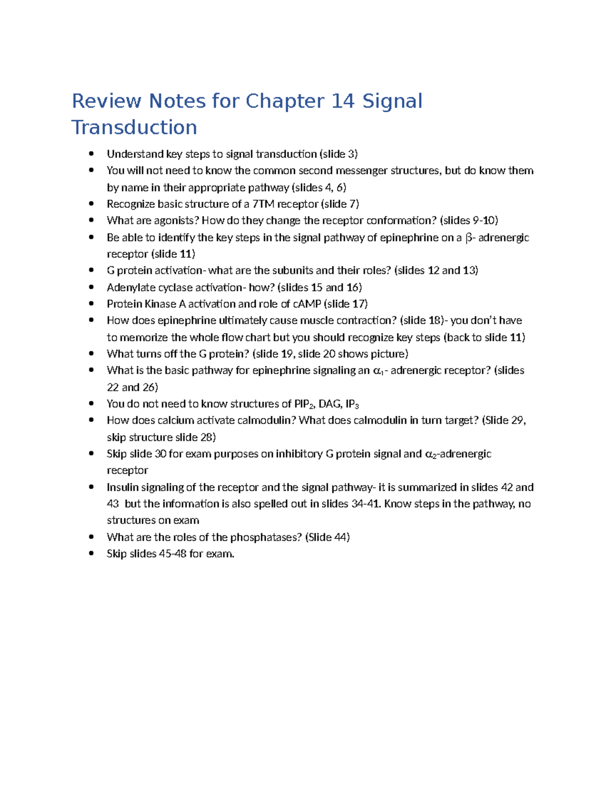 Chapter 14 Review Notes: Signal Transduction Overview - Studocu