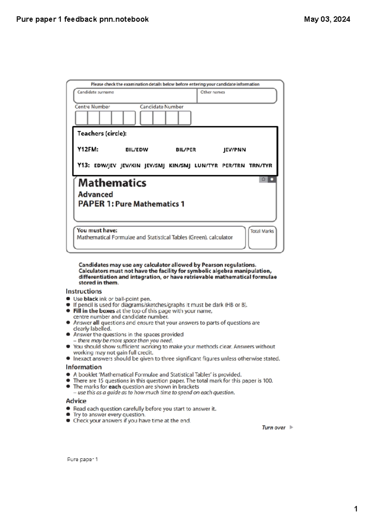 Pure paper 1 feedback - bybgyb - 1 1 11 1 1 1 1 √ so no intersection at ...