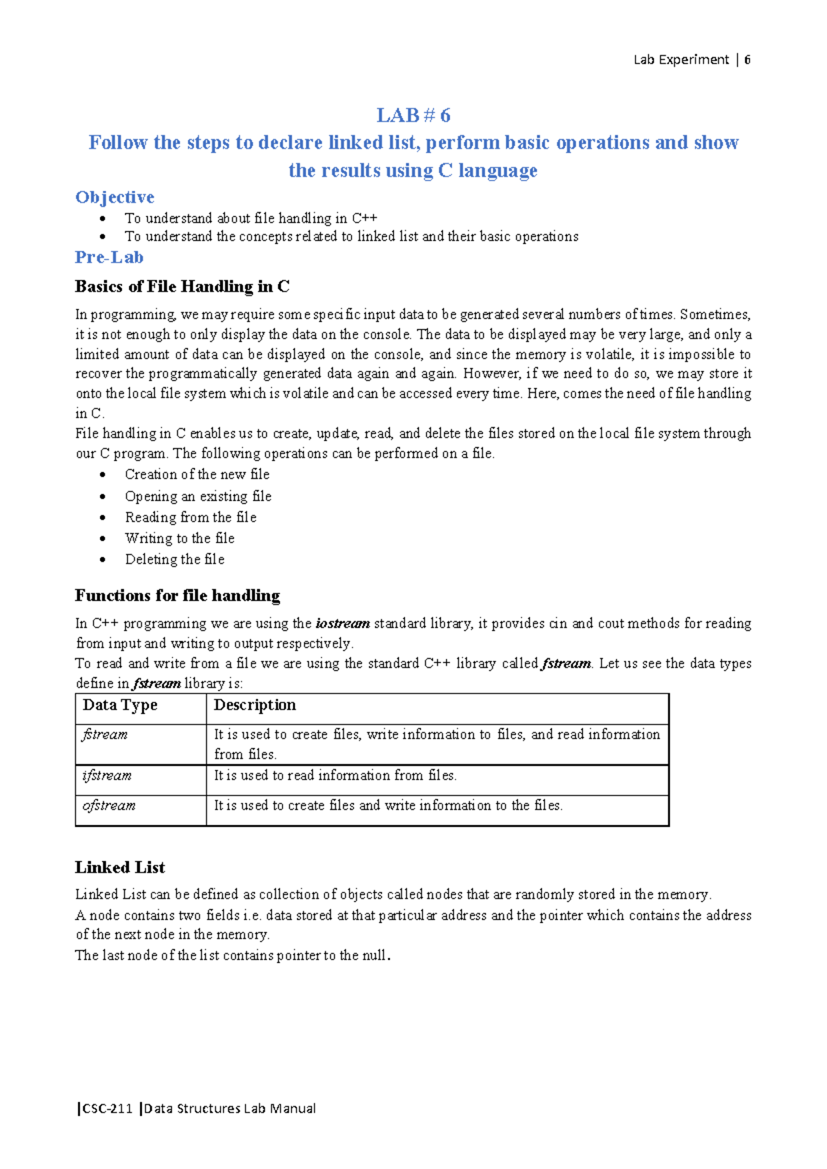 Lab 6 - Linked List Operations and File Handling in C - Studocu