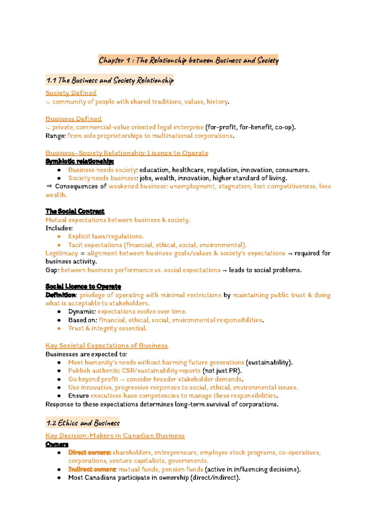 COMM 216 Chapter 1: Business and Society Relationship Overview - Studocu